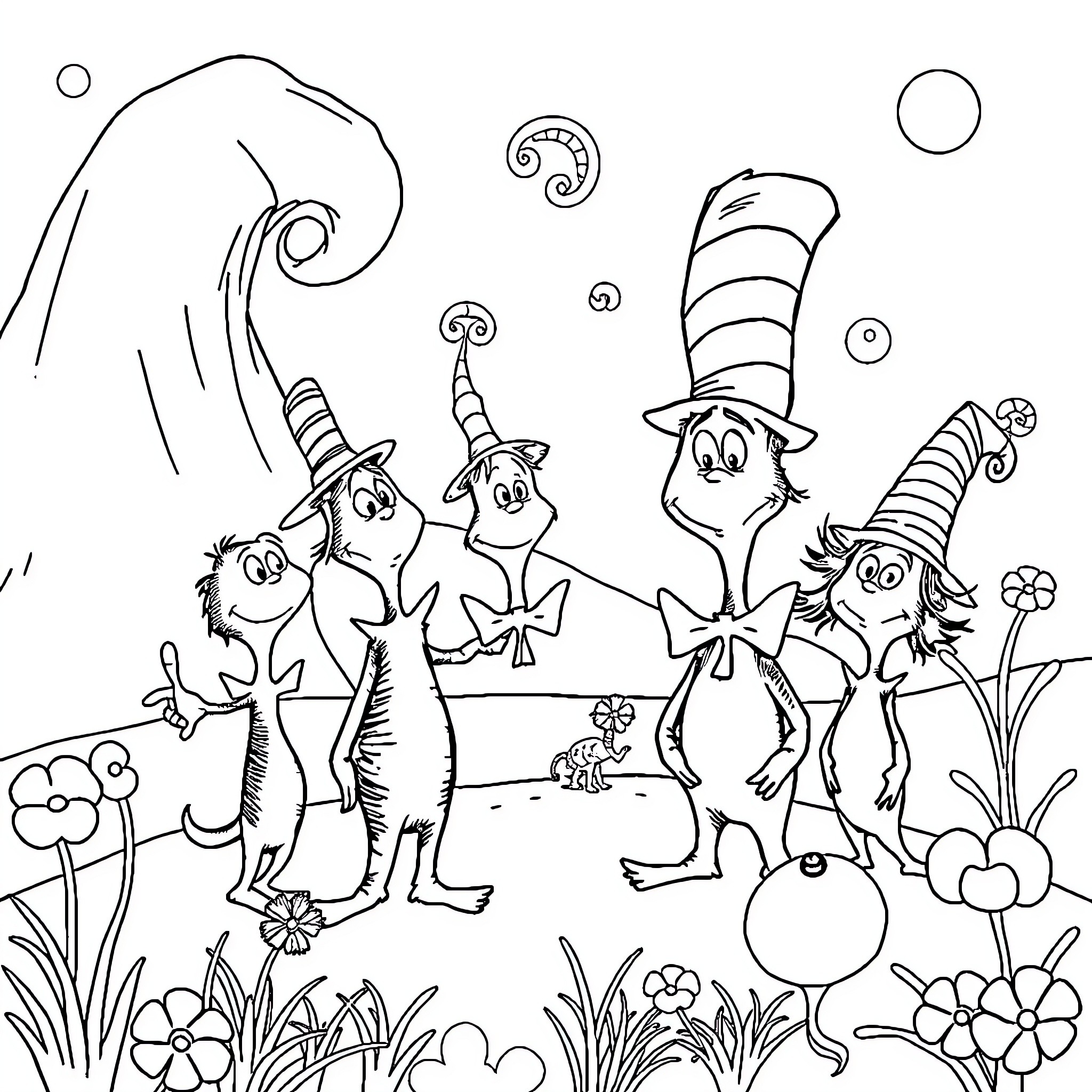 Dr. Seuss characters in playful adventure Coloring Page (free black-and-white line drawing printable PDF for all, from beginners to advanced learners, including children, teens, adults, and seniors)
