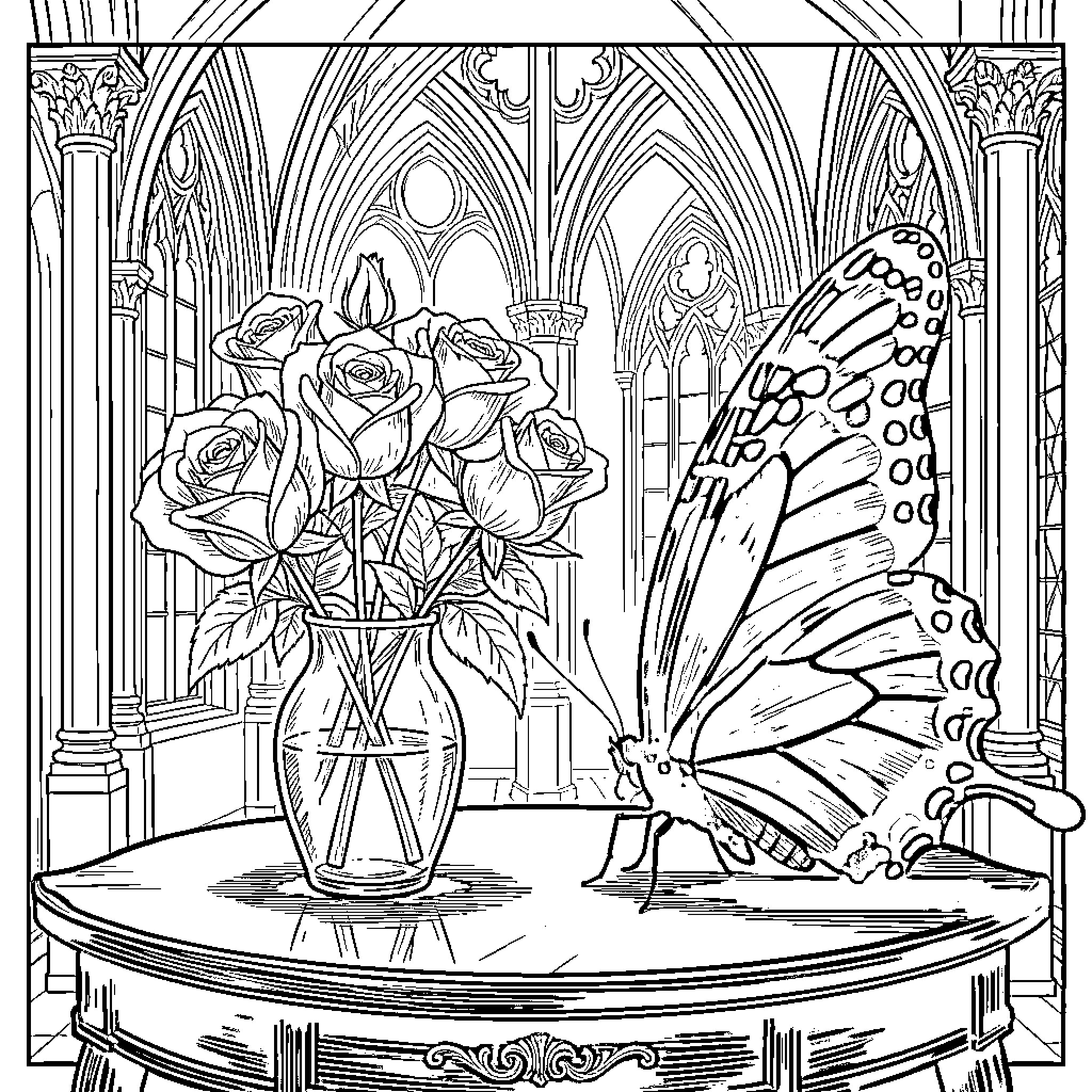 Rose bouquet in ornate cathedral setting Coloring Page (free black-and-white line drawing printable PDF for all, from beginners to advanced learners, including children, teens, adults, and seniors)