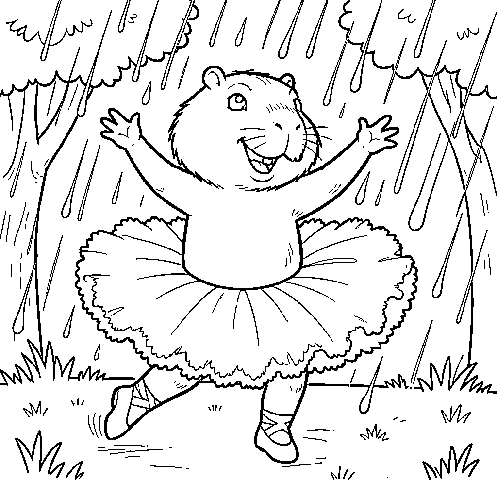 Capybara wearing a tutu dancing happily in the rain Coloring Page (free black-and-white line drawing printable PDF for all, from beginners to advanced learners, including children, teens, adults, and seniors)