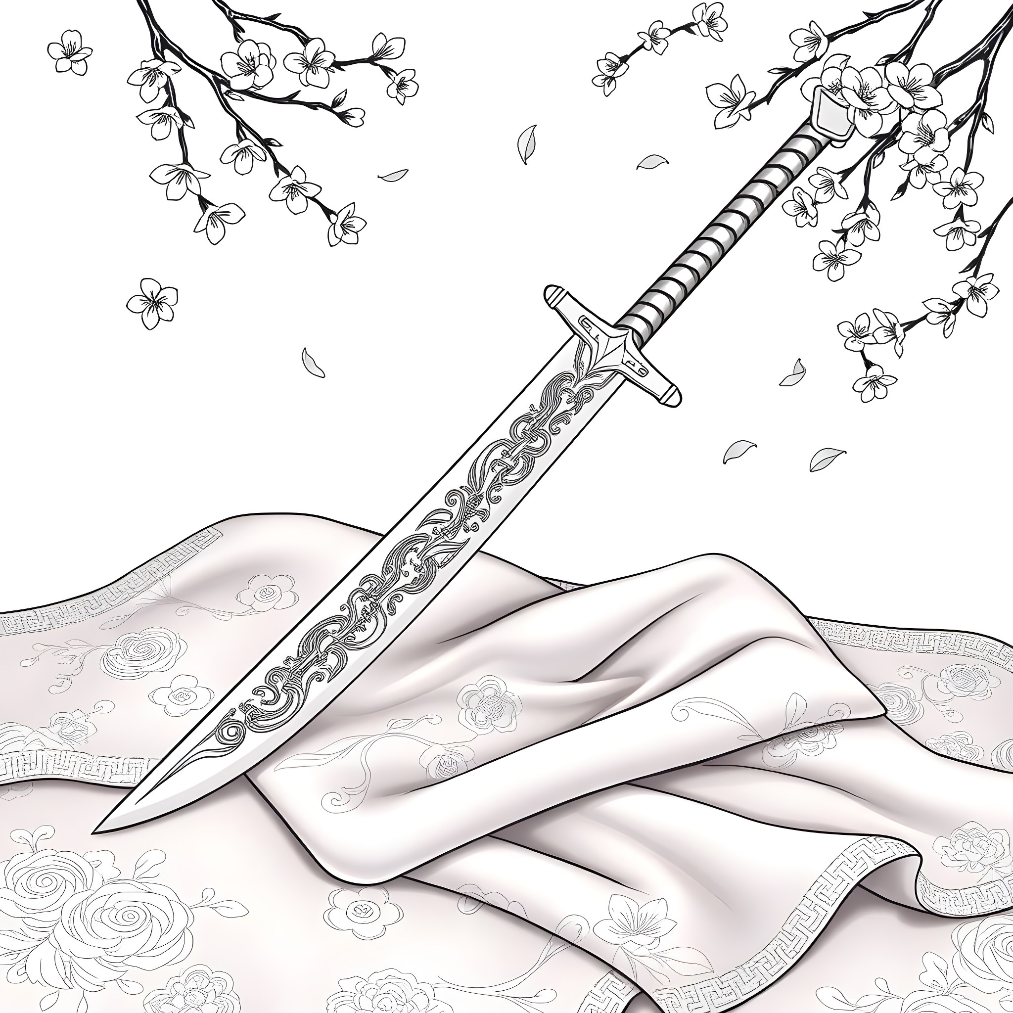 Mulan's Sword and Floral Backdrop Coloring Page (free black-and-white line drawing printable PDF for all, from beginners to advanced learners, including children, teens, adults, and seniors)