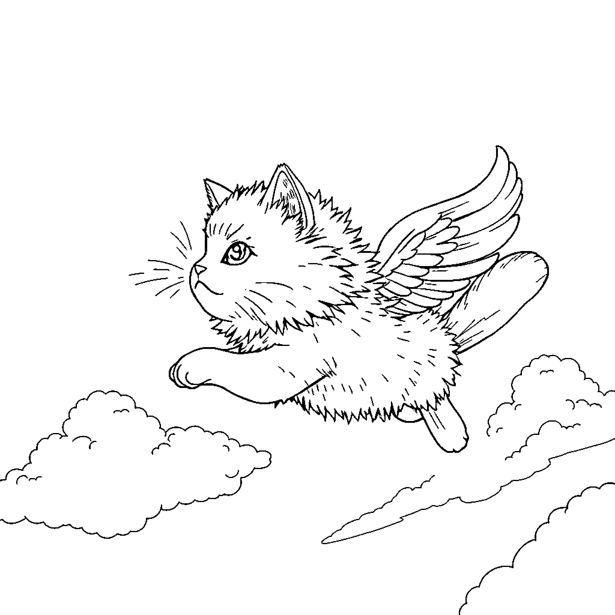 Flying Cat Soaring through Clouds Coloring Page (free black-and-white line drawing printable PDF for all, from beginners to advanced learners, including children, teens, adults, and seniors)