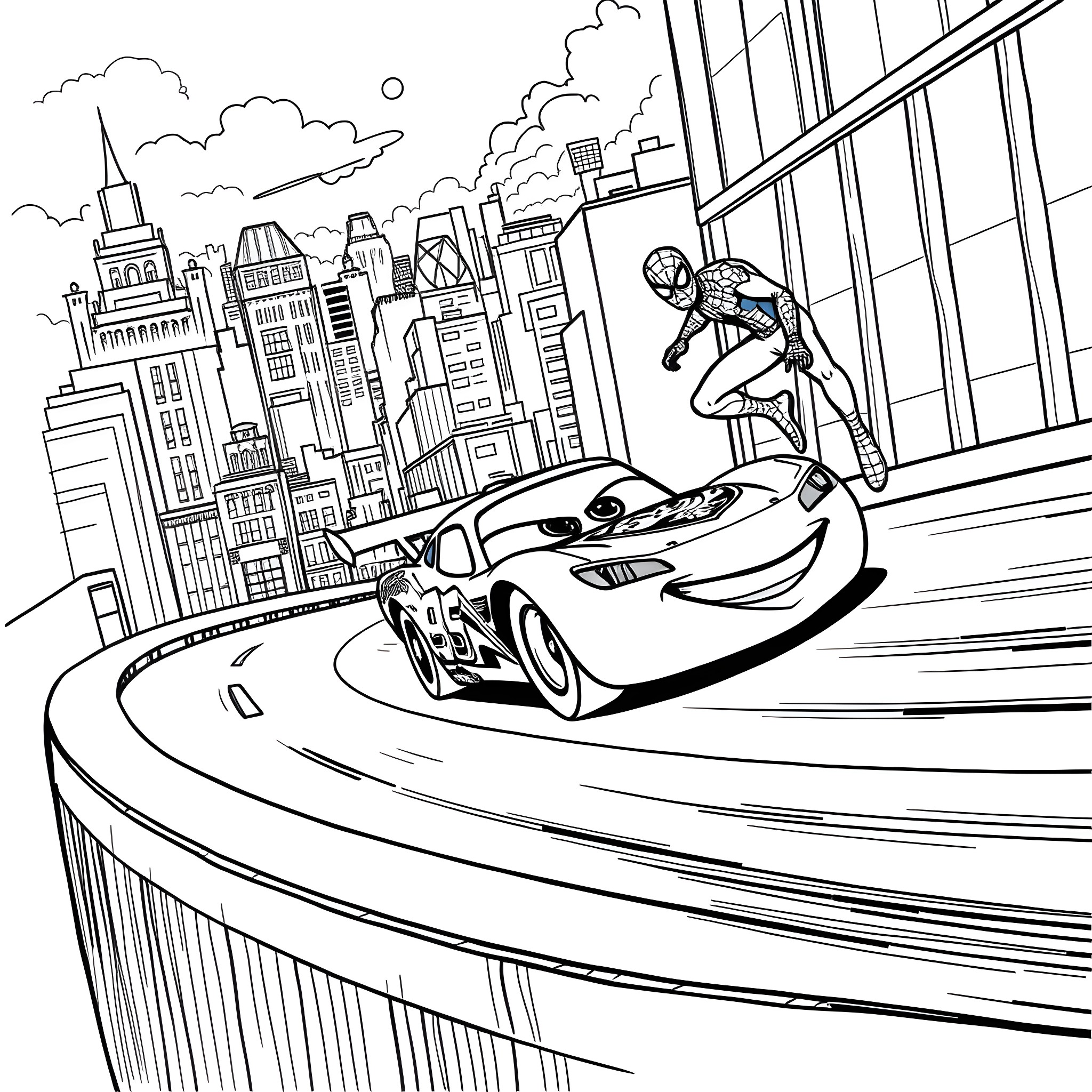 Lightning McQueen's Thrilling Adventure in the City Coloring Page (free black-and-white line drawing printable PDF for all, from beginners to advanced learners, including children, teens, adults, and seniors)