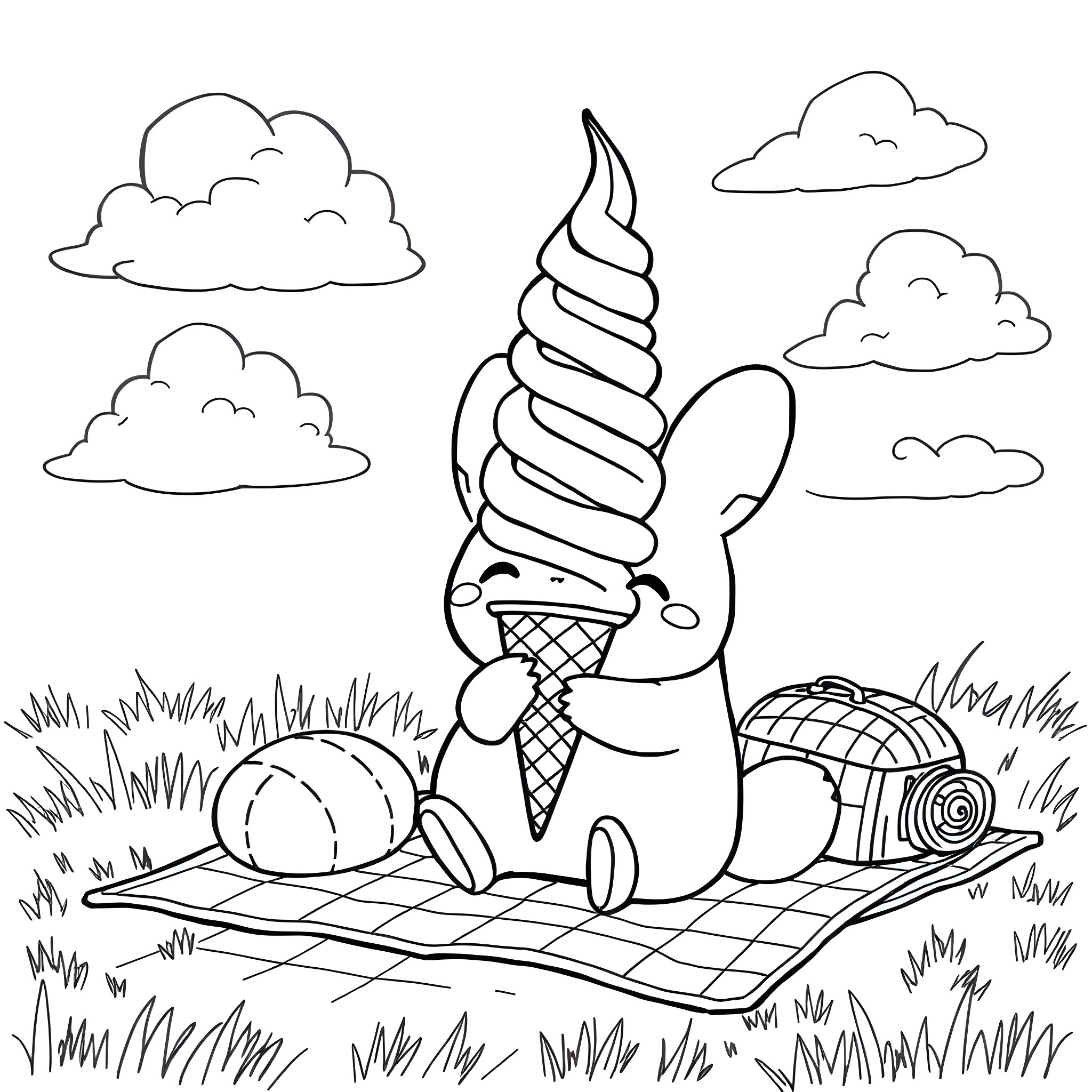 Cinnamoroll enjoying a picnic in the park Coloring Page (free black-and-white line drawing printable PDF for all, from beginners to advanced learners, including children, teens, adults, and seniors)