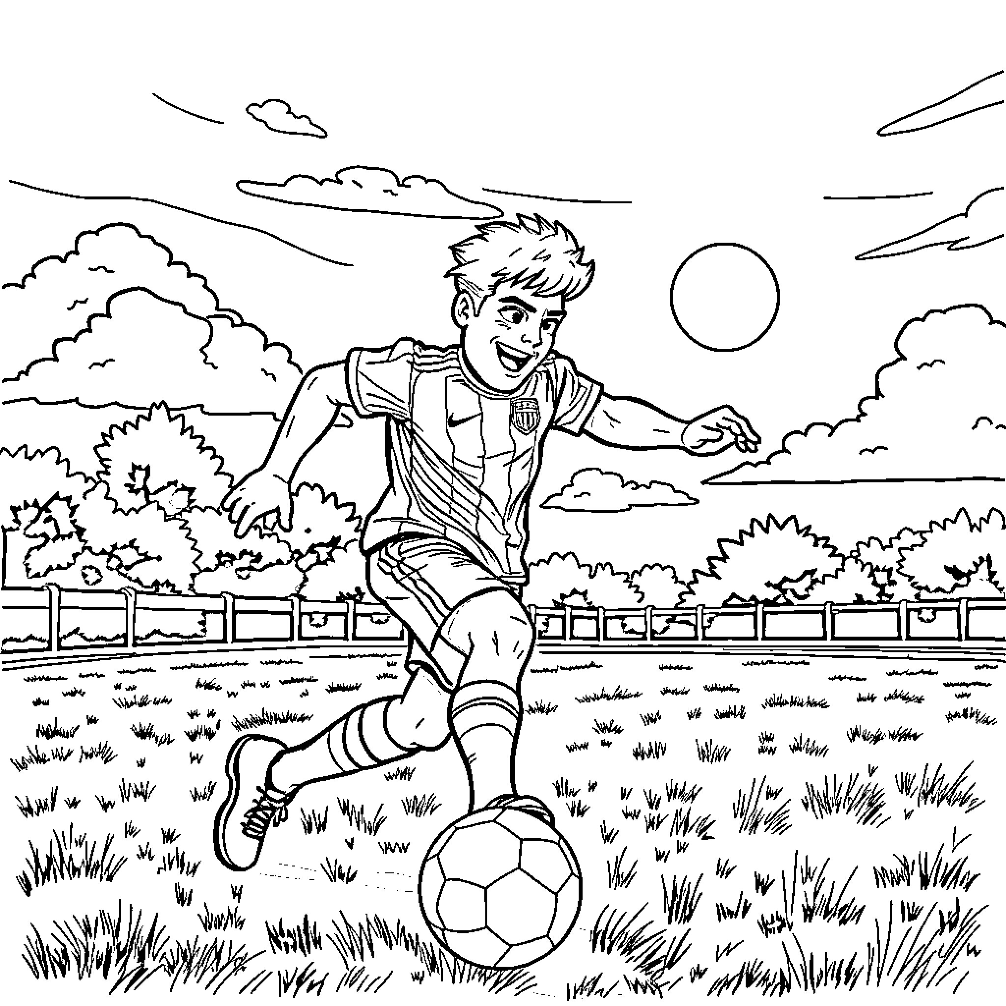 Bret Hart playing soccer on a sunny day Coloring Page (free black-and-white line drawing printable PDF for all, from beginners to advanced learners, including children, teens, adults, and seniors)