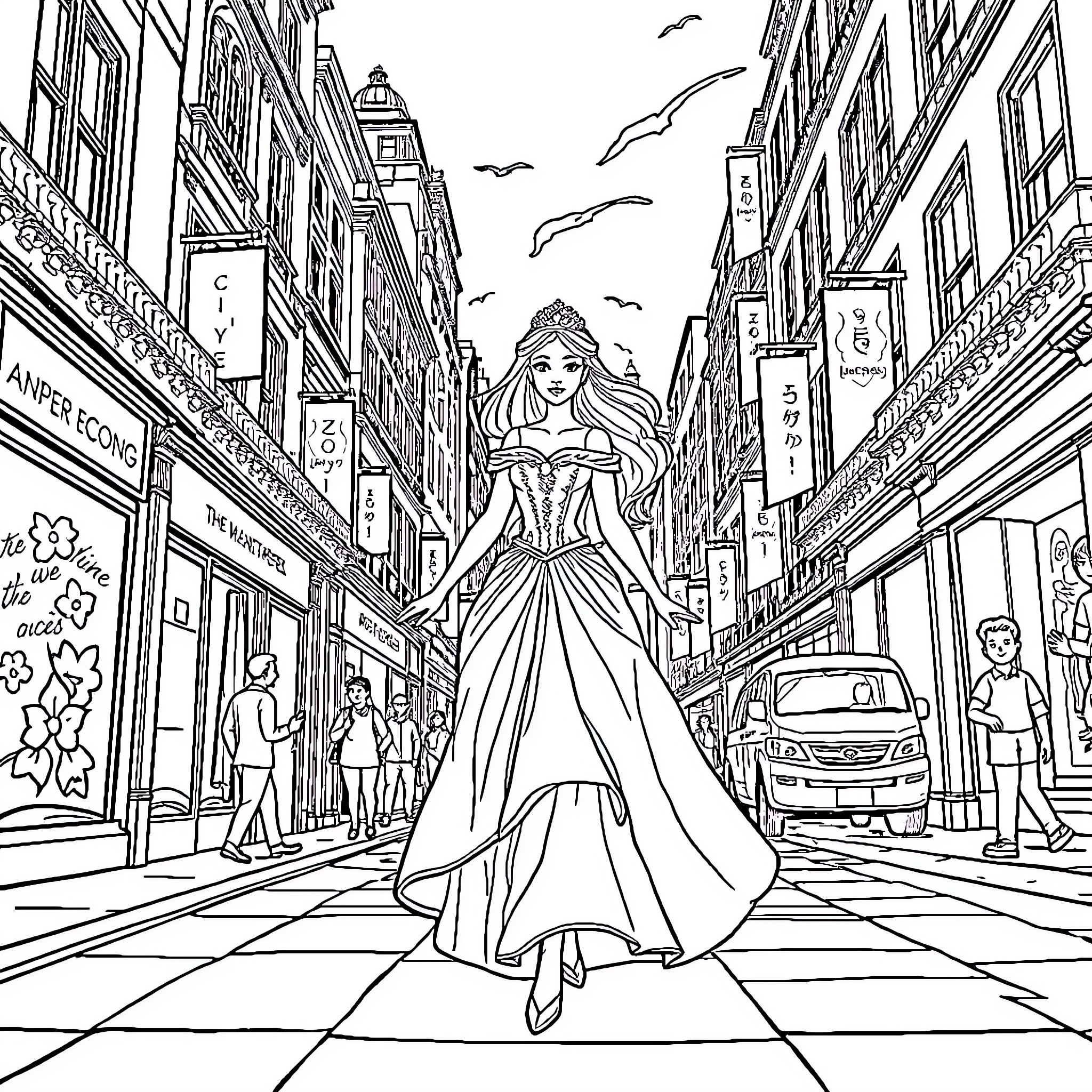 Princess walking down the city street Coloring Page (free black-and-white line drawing printable PDF for all, from beginners to advanced learners, including children, teens, adults, and seniors)