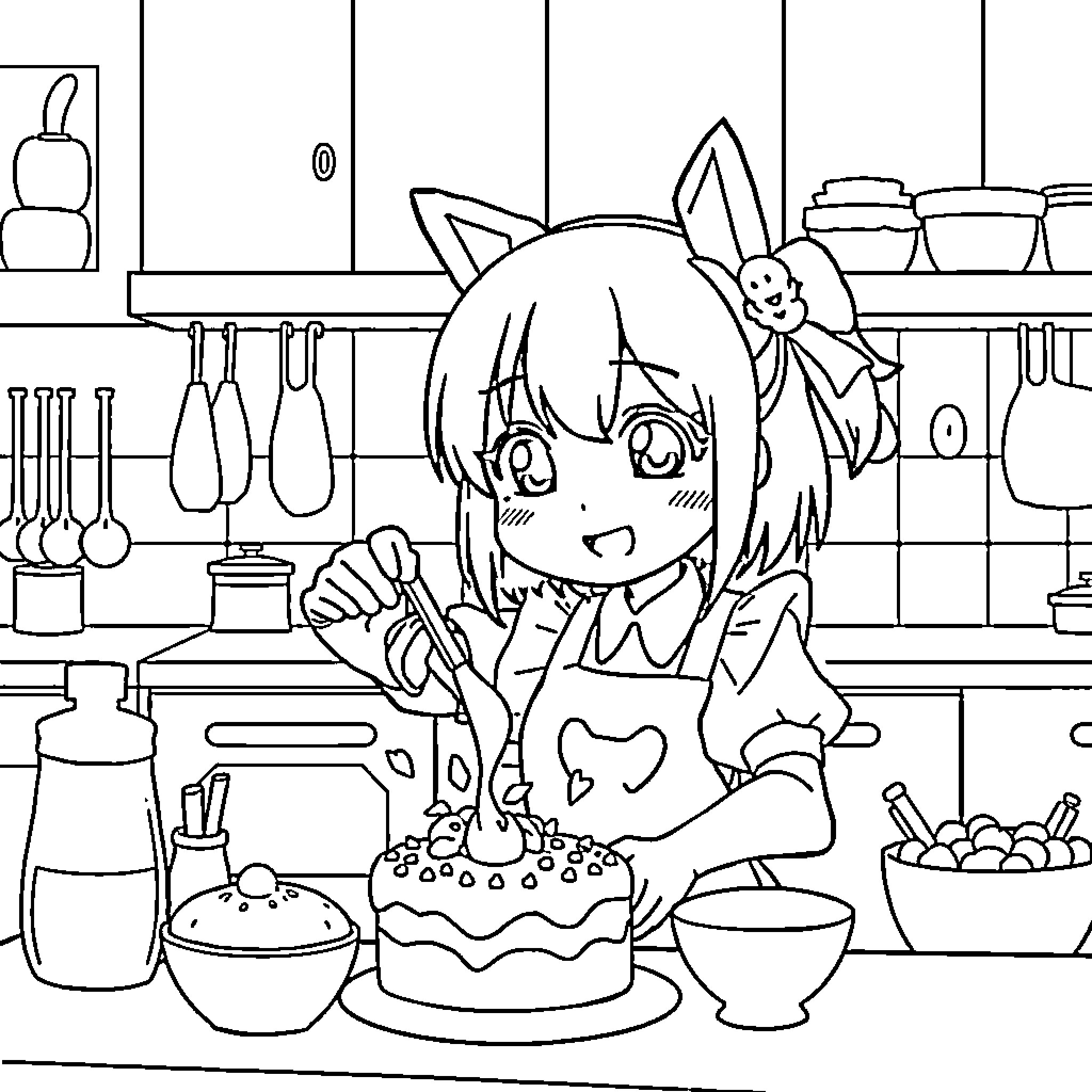 Kuromi baking delicious treats in the kitchen Coloring Page (free black-and-white line drawing printable PDF for all, from beginners to advanced learners, including children, teens, adults, and seniors)