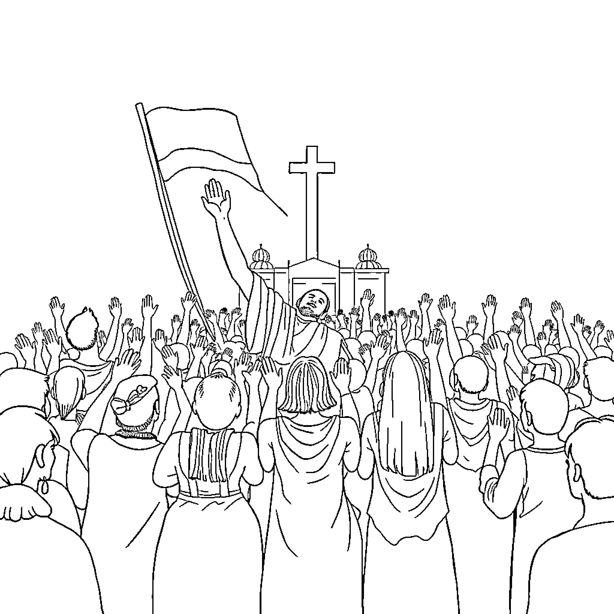 Religious Gathering with Flags, Crosses, and Worshipping Crowd Coloring Page (free black-and-white line drawing printable PDF for all, from beginners to advanced learners, including children, teens, adults, and seniors)