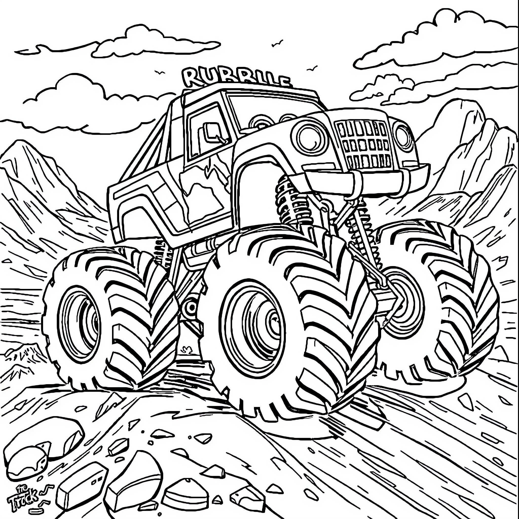 Rubble monster truck crushed in the mountains Coloring Page (free black-and-white line drawing printable PDF for all, from beginners to advanced learners, including children, teens, adults, and seniors)