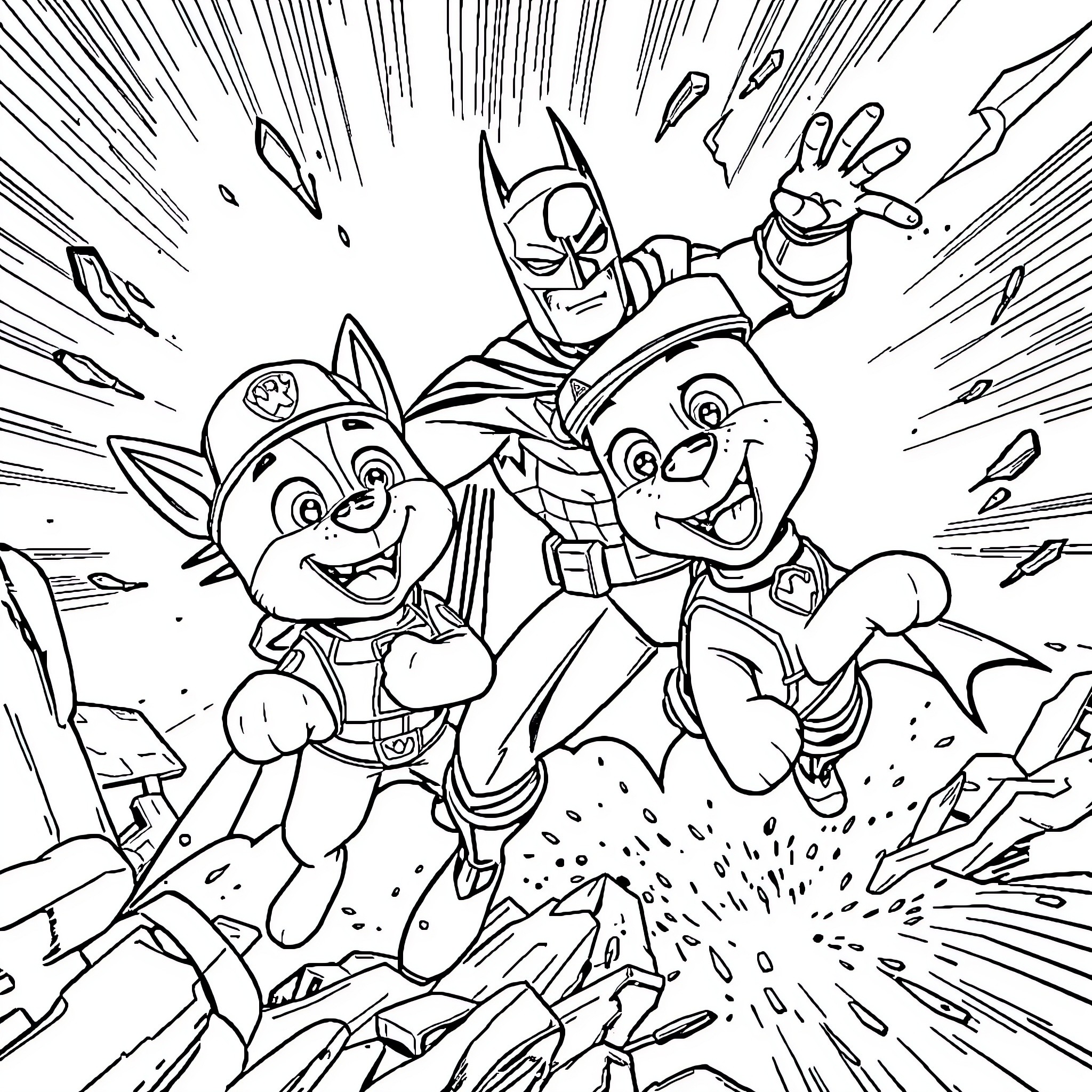 Batman and Sidekick Leap into Action Coloring Page (free black-and-white line drawing printable PDF for all, from beginners to advanced learners, including children, teens, adults, and seniors)