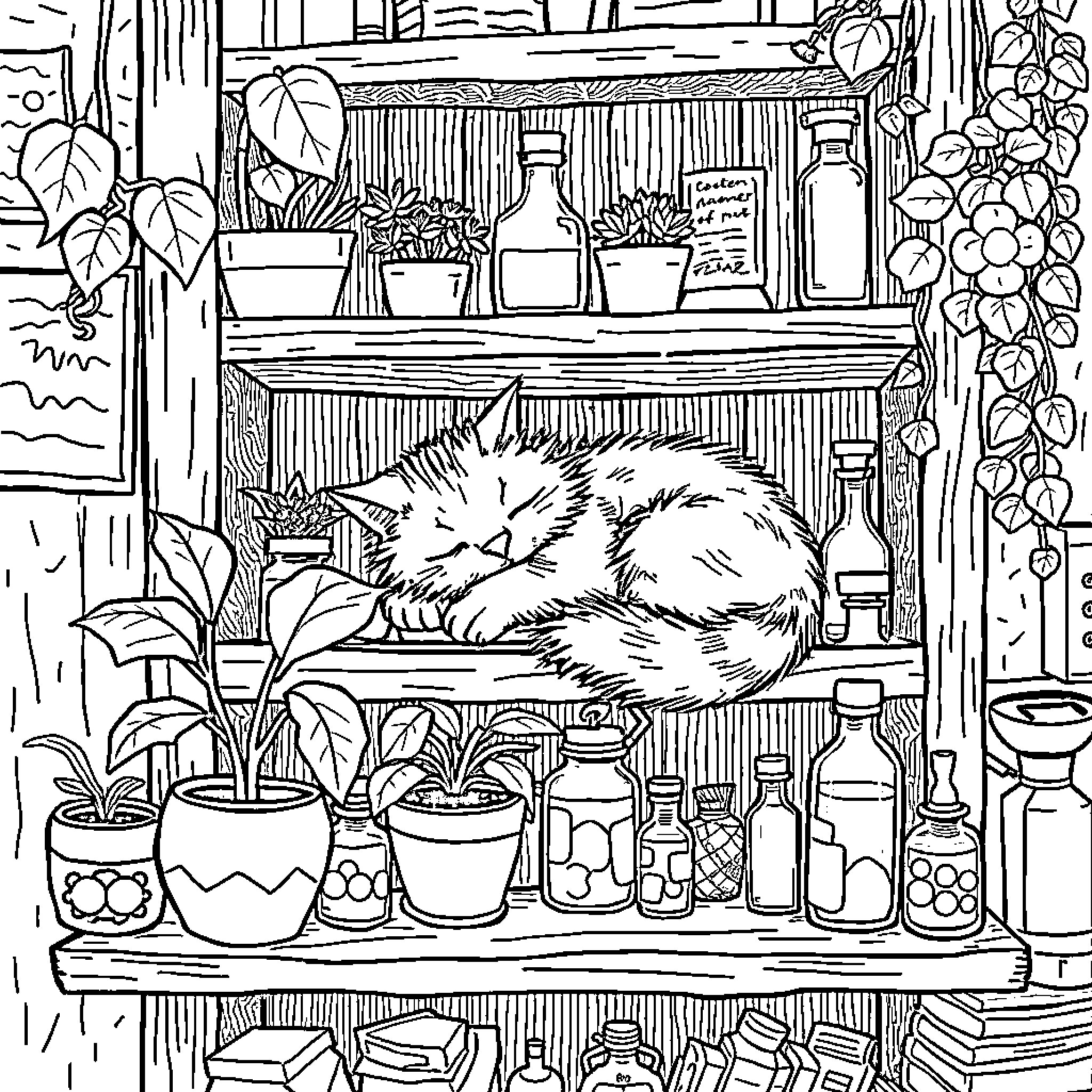 Cat napping in a cozy greenhouse Coloring Page (free black-and-white line drawing printable PDF for all, from beginners to advanced learners, including children, teens, adults, and seniors)