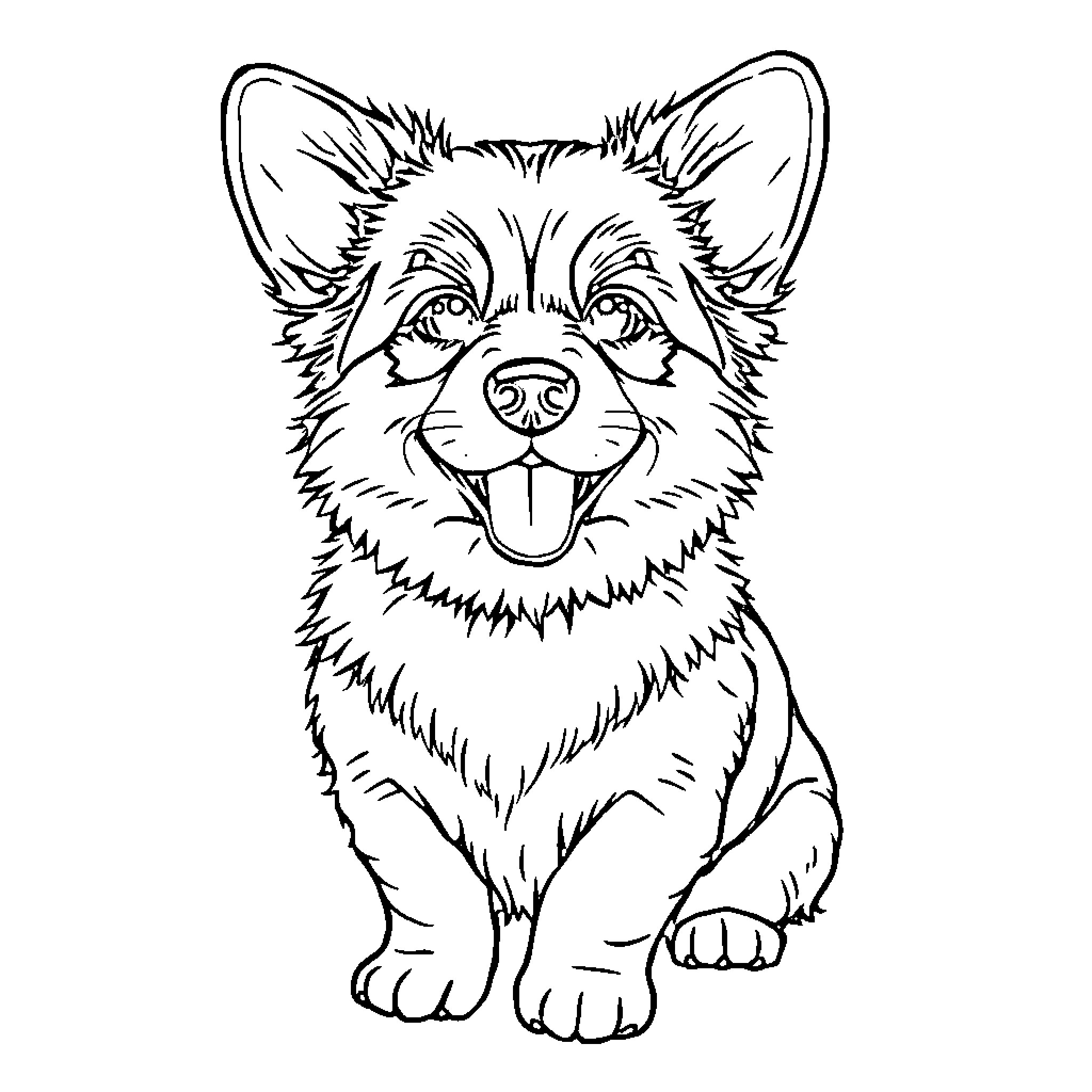 Dog smiling happily in the illustration Coloring Page (free black-and-white line drawing printable PDF for all, from beginners to advanced learners, including children, teens, adults, and seniors)