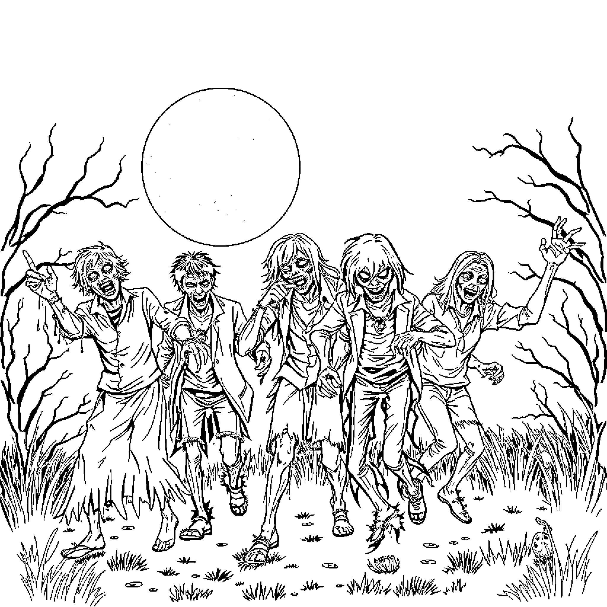 Zombie Friends Roaming the Eerie Wilderness Coloring Page (free black-and-white line drawing printable PDF for all, from beginners to advanced learners, including children, teens, adults, and seniors)
