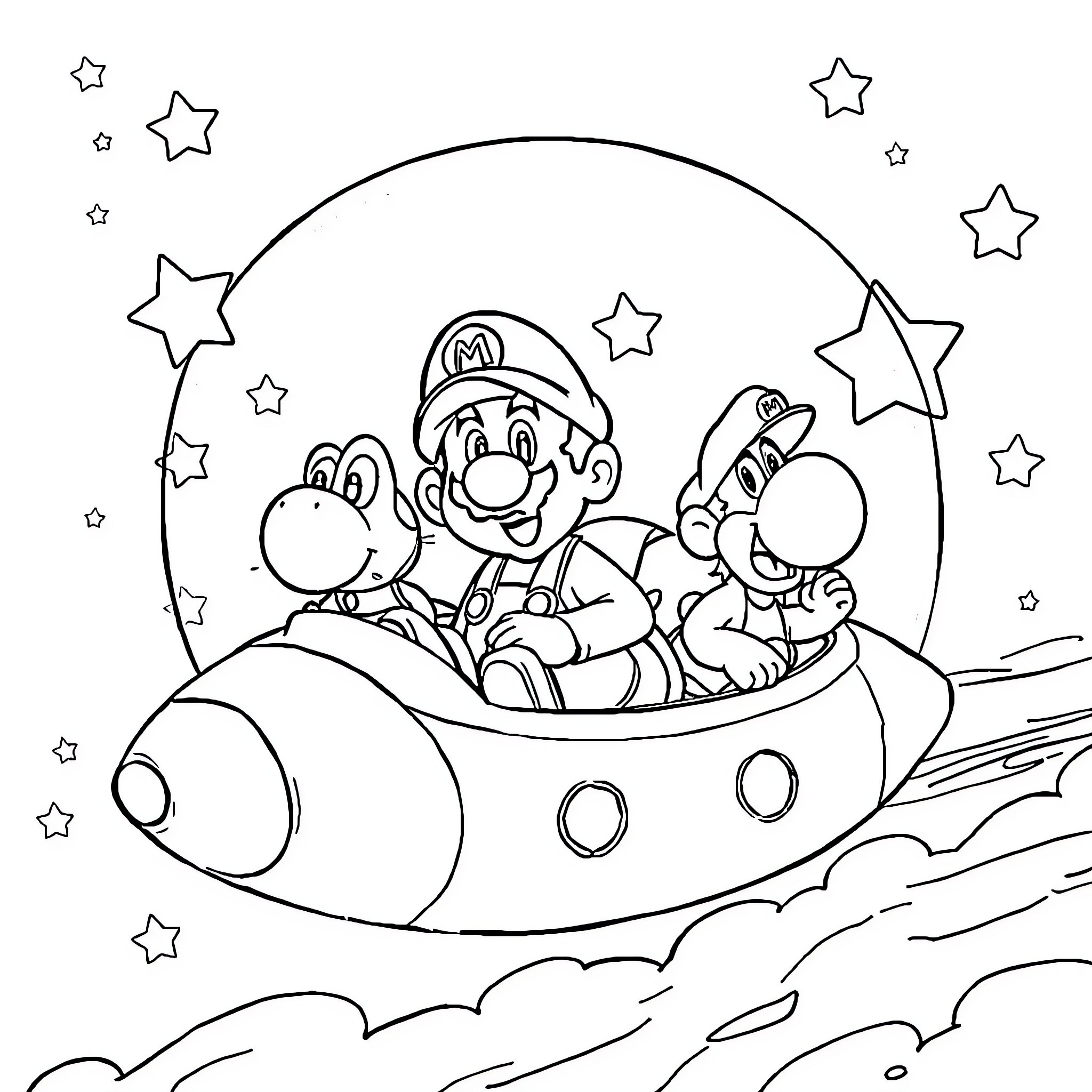 Mario and friends explore the galaxy in a spaceship Coloring Page (free black-and-white line drawing printable PDF for all, from beginners to advanced learners, including children, teens, adults, and seniors)