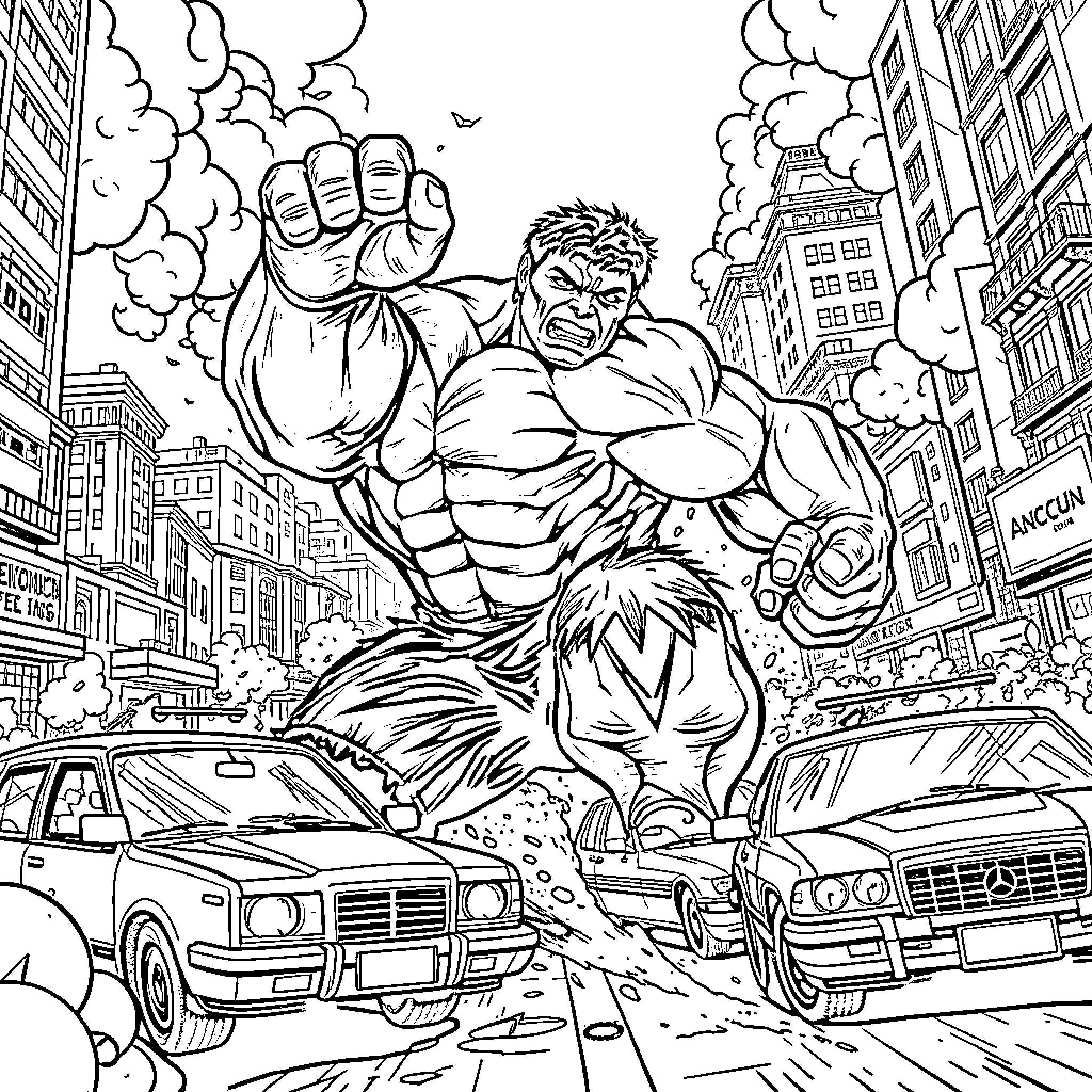 Hulk Unleashing Fury in a Cityscape Coloring Page (free black-and-white line drawing printable PDF for all, from beginners to advanced learners, including children, teens, adults, and seniors)