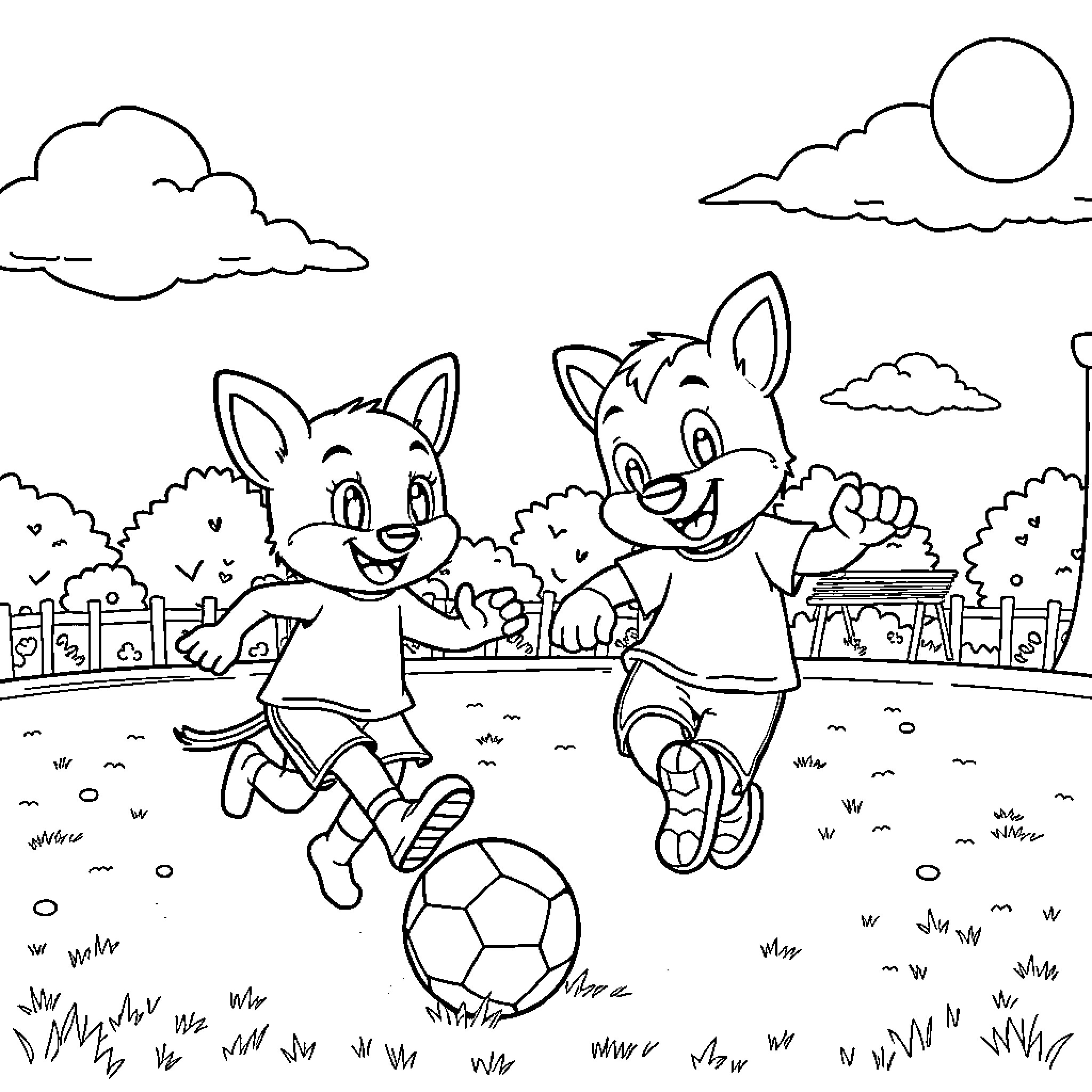Bluey and friends playing soccer in the park Coloring Page (free black-and-white line drawing printable PDF for all, from beginners to advanced learners, including children, teens, adults, and seniors)