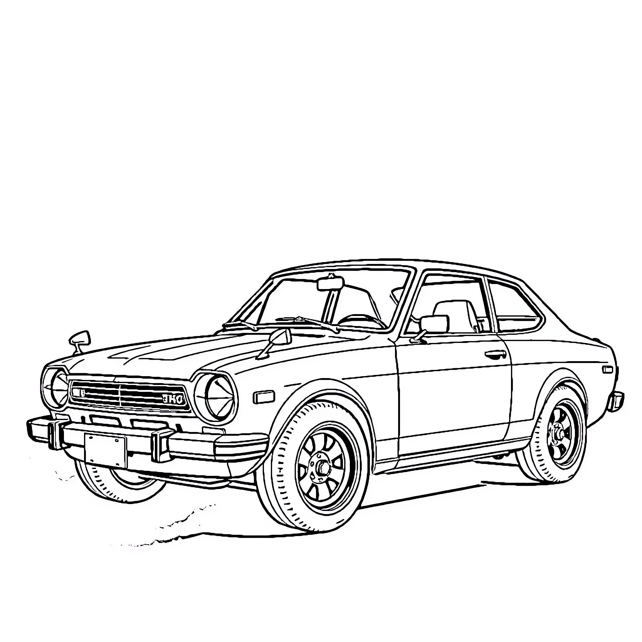 Datsun sports car in retro style Coloring Page (free black-and-white line drawing printable PDF for all, from beginners to advanced learners, including children, teens, adults, and seniors)