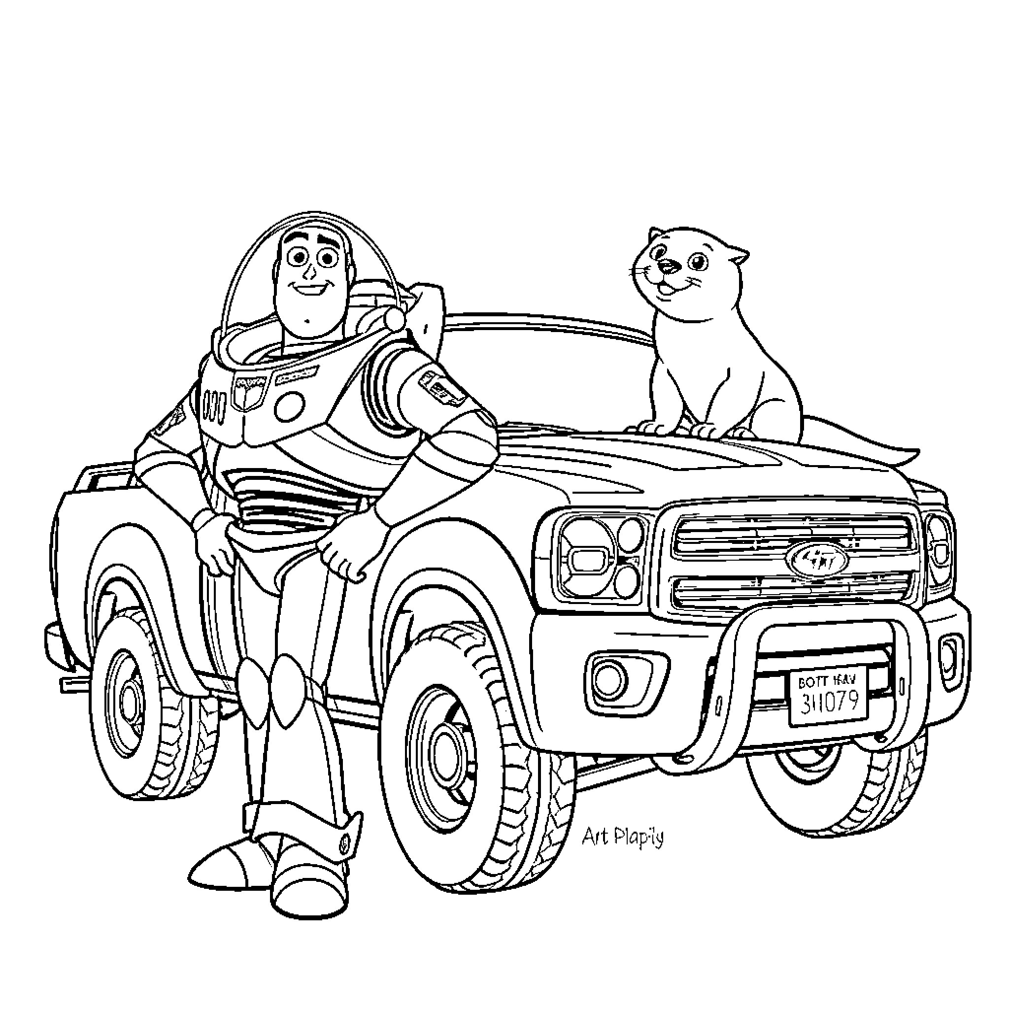 Buzz Lightyear rides an off-road vehicle with a cat companion Coloring Page (free black-and-white line drawing printable PDF for all, from beginners to advanced learners, including children, teens, adults, and seniors)