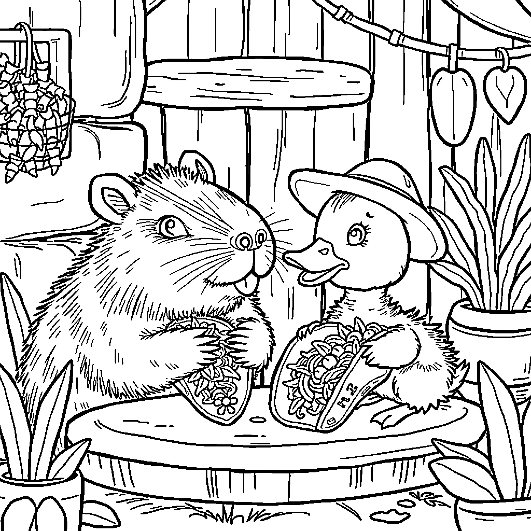 Capybara and Mouse Enjoying a Cozy Picnic Coloring Page (free black-and-white line drawing printable PDF for all, from beginners to advanced learners, including children, teens, adults, and seniors)