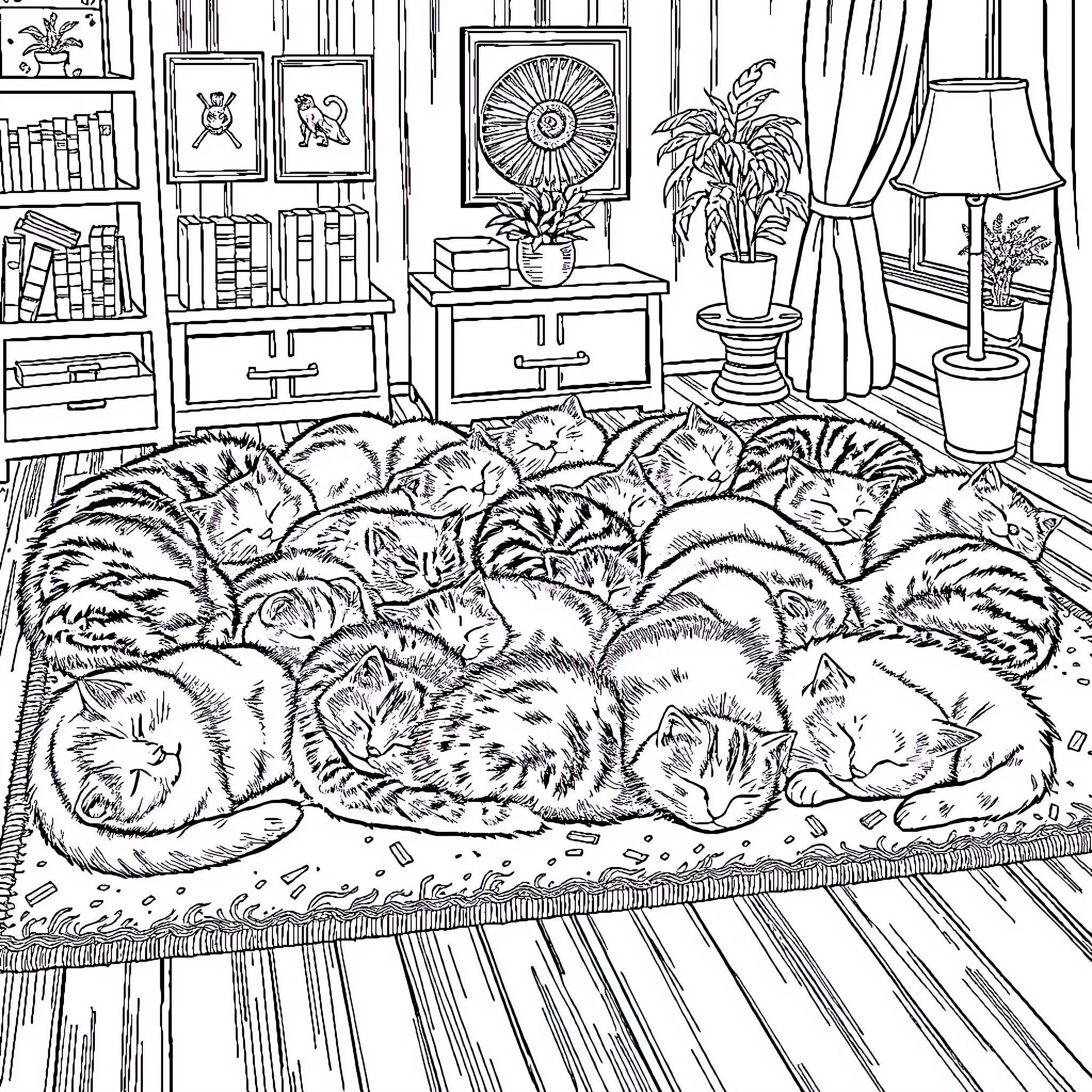Cat Chaos: Feline Frenzy in a Cozy Home Coloring Page (free black-and-white line drawing printable PDF for all, from beginners to advanced learners, including children, teens, adults, and seniors)