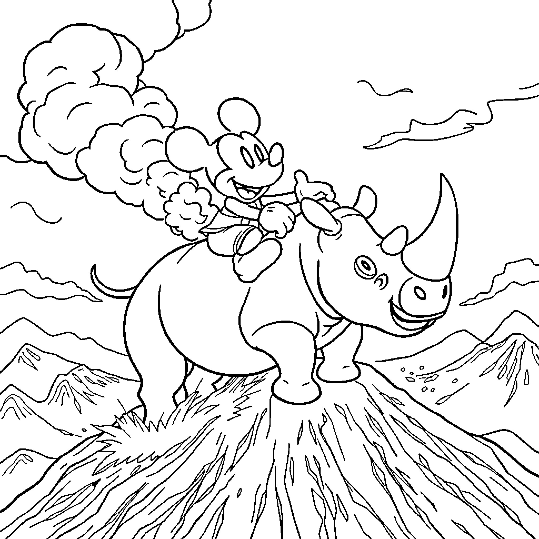 Mickey Mouse riding a Rhino in the Mountains Coloring Page (free black-and-white line drawing printable PDF for all, from beginners to advanced learners, including children, teens, adults, and seniors)