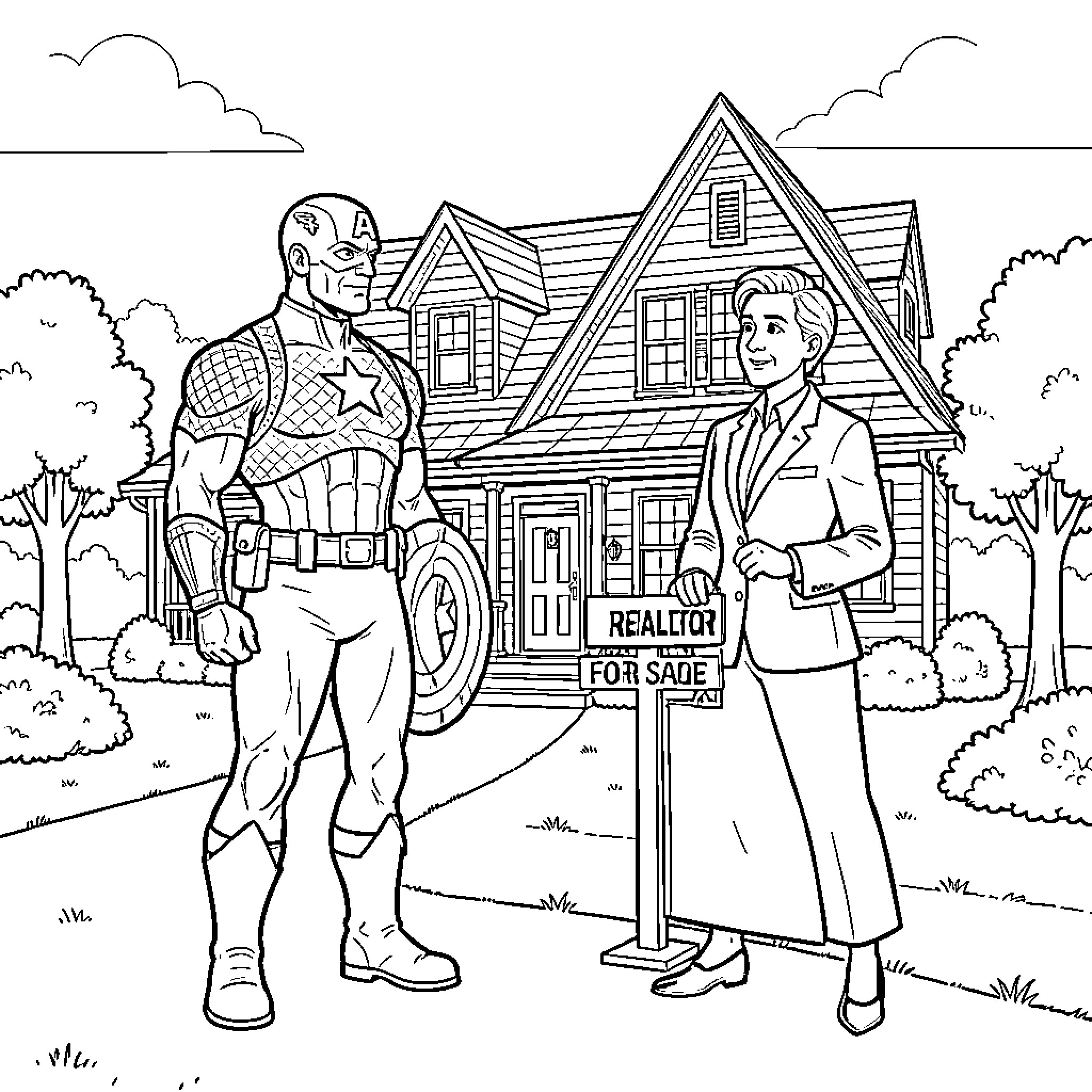 Captain America Meets a Real Estate Agent at a House for Sale Coloring Page (free black-and-white line drawing printable PDF for all, from beginners to advanced learners, including children, teens, adults, and seniors)