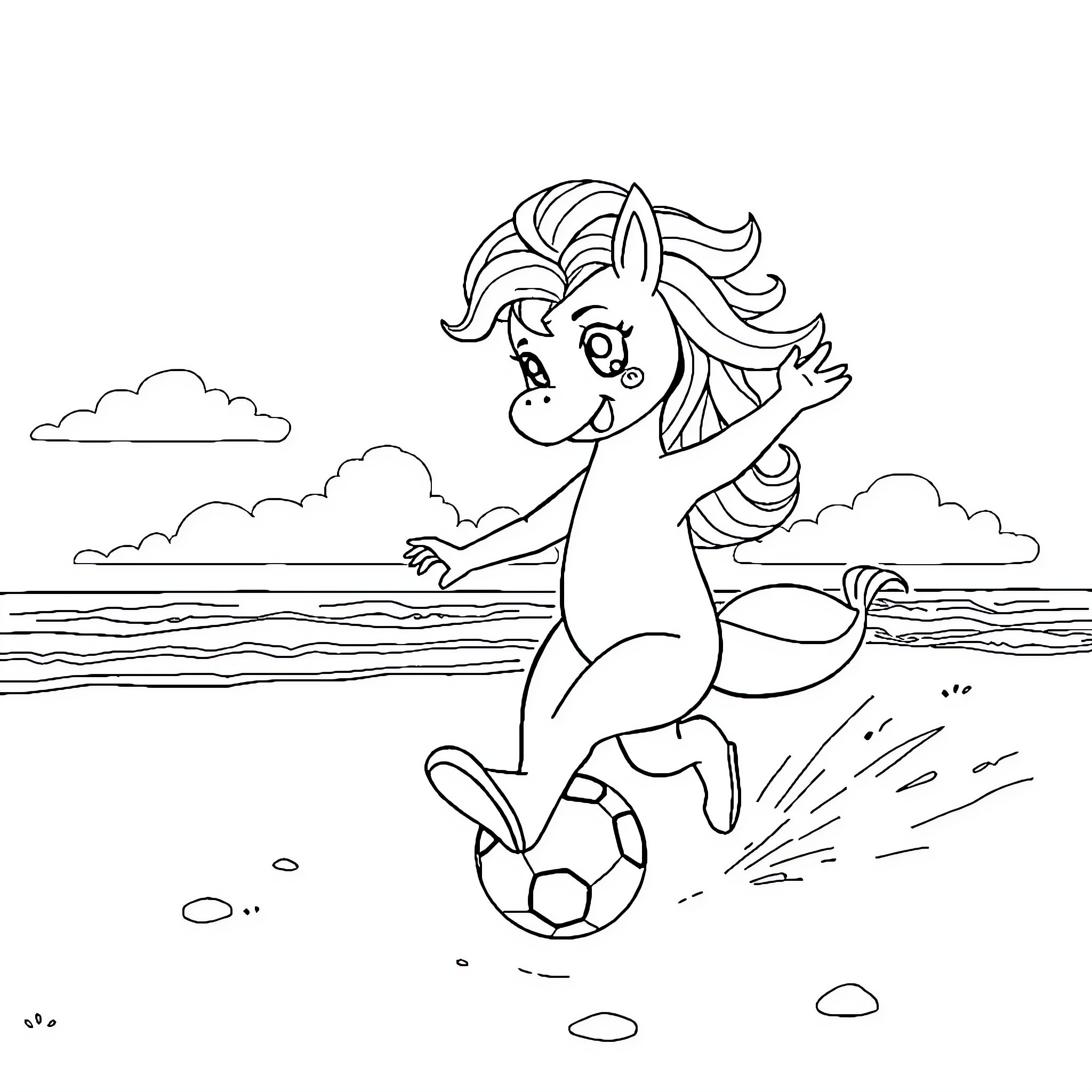 Siren playing happily with a soccer ball by the sea Coloring Page (free black-and-white line drawing printable PDF for all, from beginners to advanced learners, including children, teens, adults, and seniors)