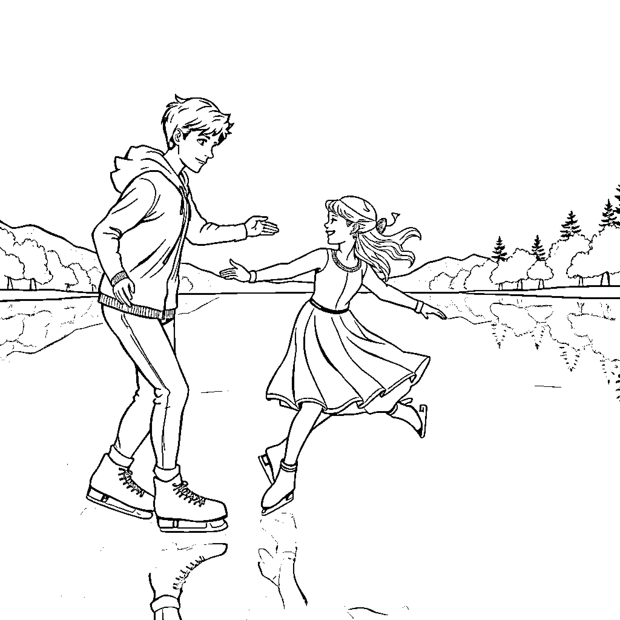 Figure Skaters Dancing on Ice Rink Coloring Page (free black-and-white line drawing printable PDF for all, from beginners to advanced learners, including children, teens, adults, and seniors)