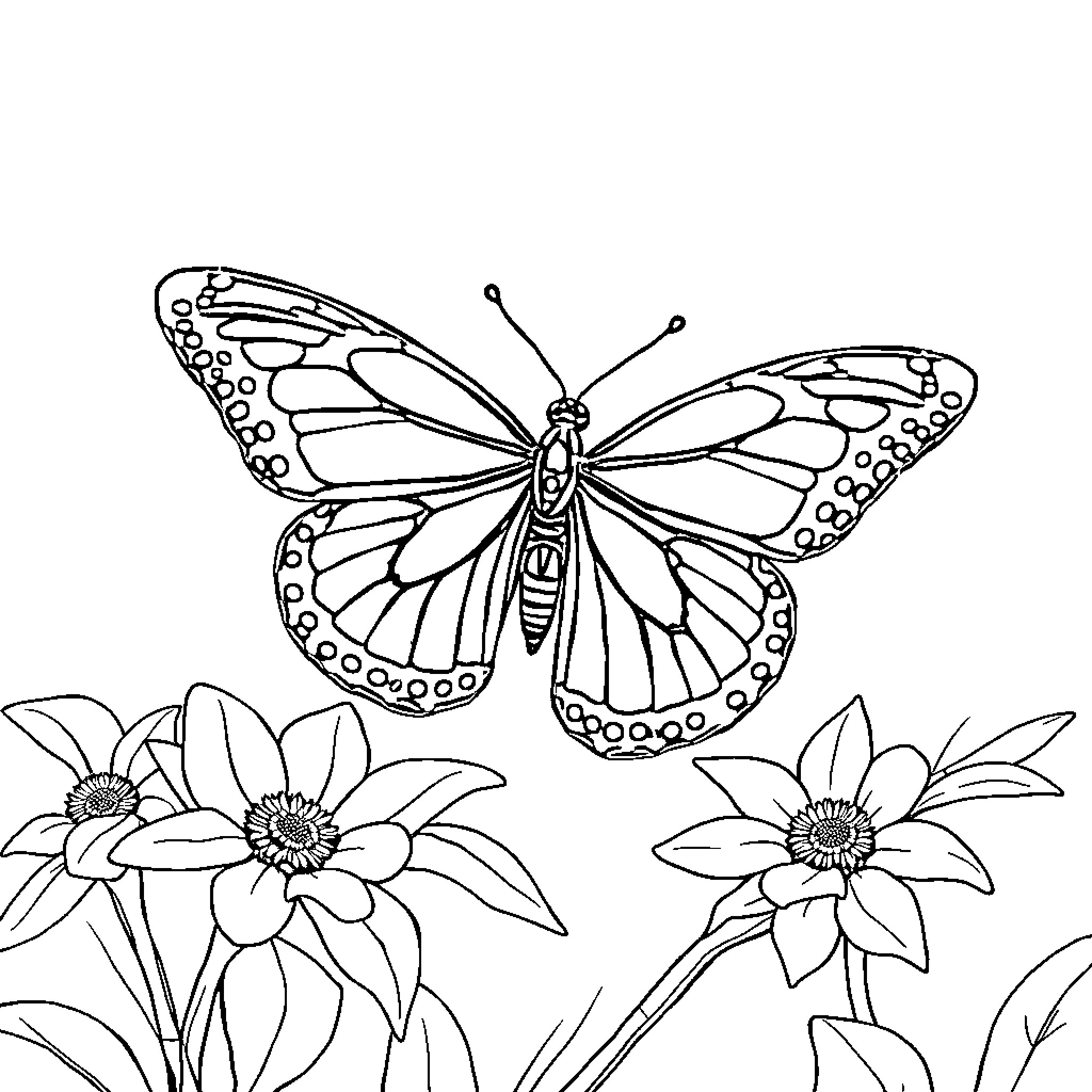 Butterfly gracefully resting on vibrant flowers Coloring Page (free black-and-white line drawing printable PDF for all, from beginners to advanced learners, including children, teens, adults, and seniors)