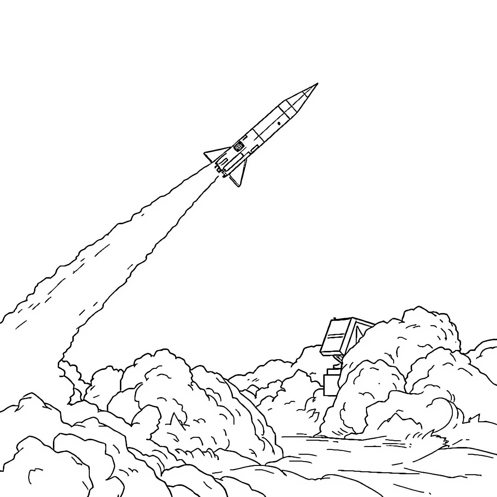 Air Defense System Launching Rocket into Cloudy Sky Coloring Page (free black-and-white line drawing printable PDF for all, from beginners to advanced learners, including children, teens, adults, and seniors)