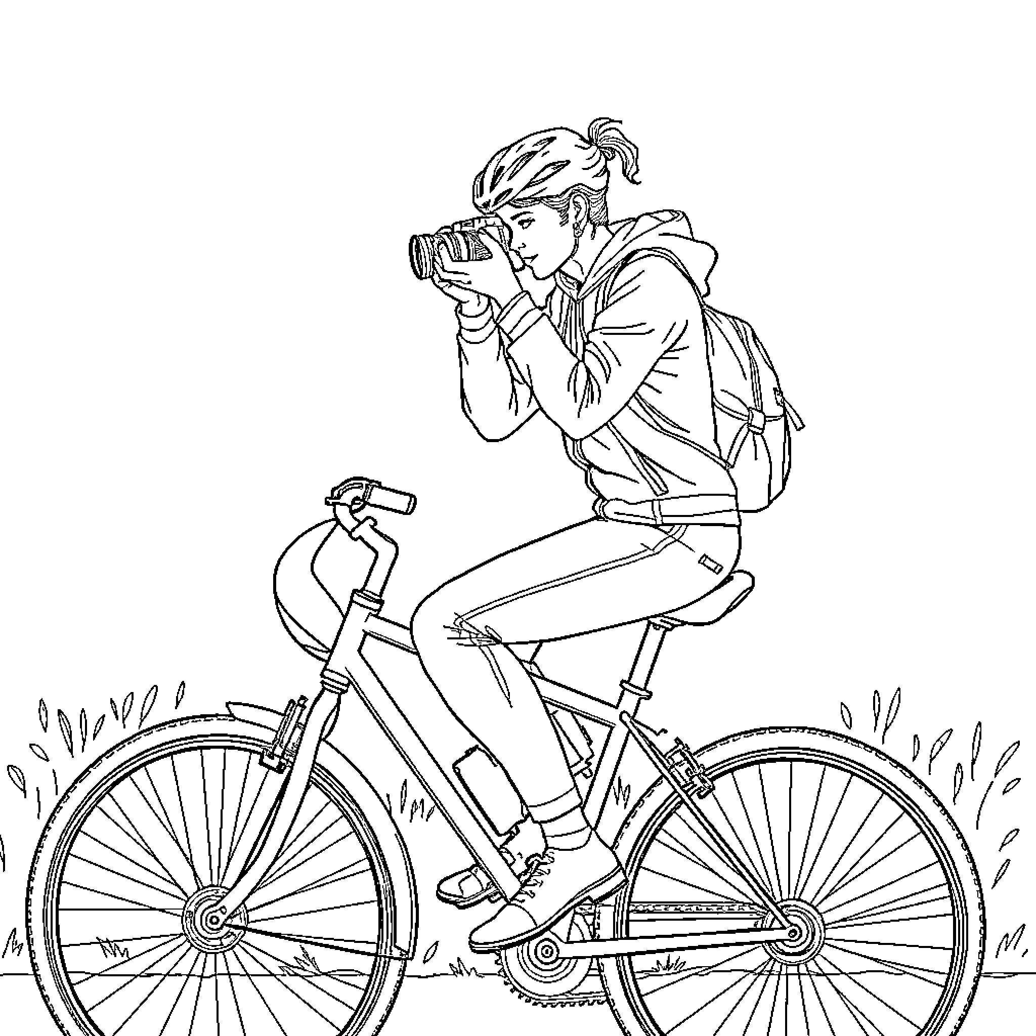 Camera Cyclist Capturing Outdoor Adventure Coloring Page (free black-and-white line drawing printable PDF for all, from beginners to advanced learners, including children, teens, adults, and seniors)