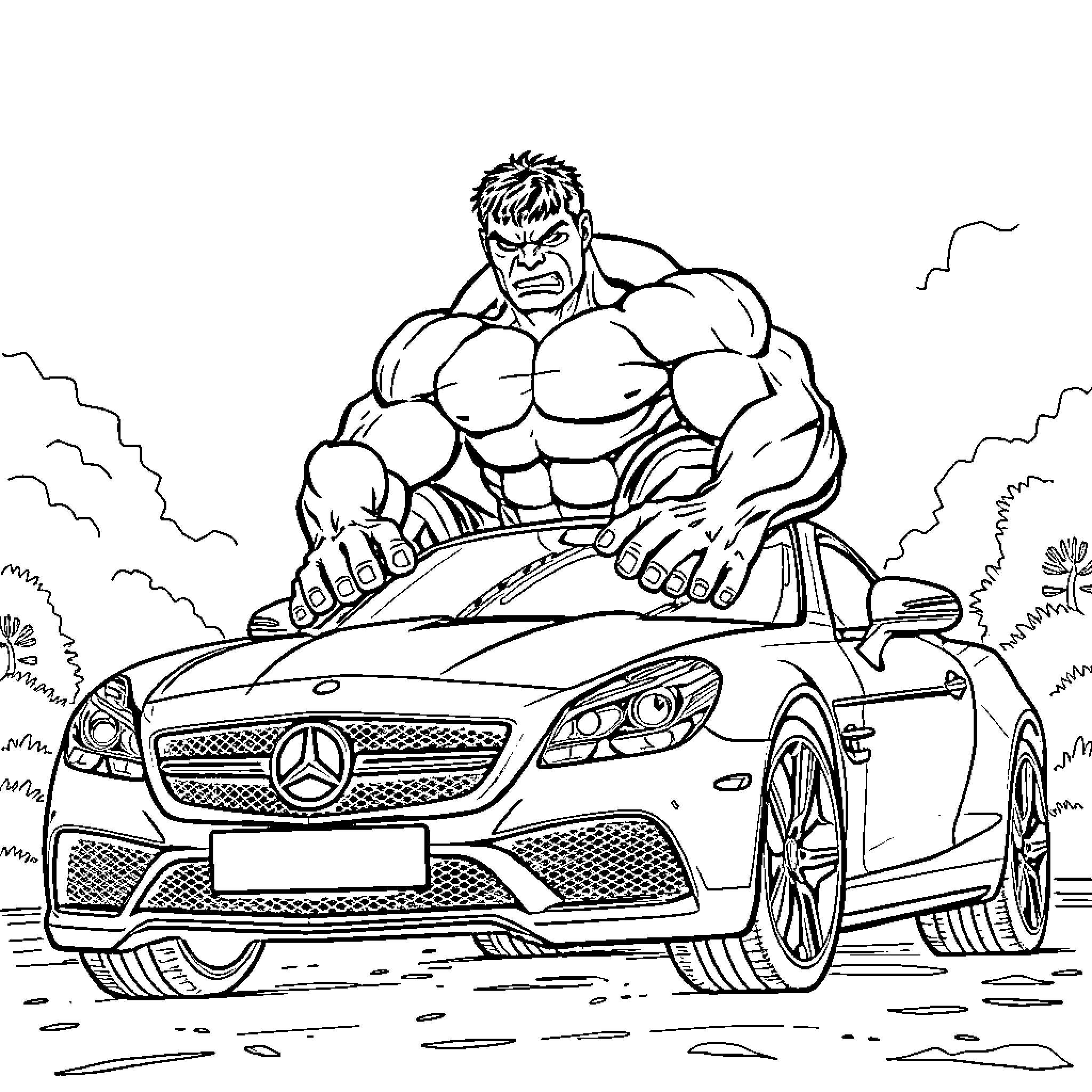Hulk flexing muscles and lifting powerful sports car Coloring Page (free black-and-white line drawing printable PDF for all, from beginners to advanced learners, including children, teens, adults, and seniors)
