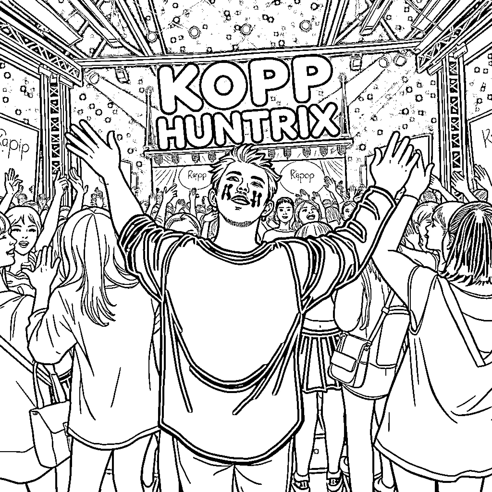 Kpop Huntrix - Crowd Cheering at Energetic Kpop Event Coloring Page (free black-and-white line drawing printable PDF for all, from beginners to advanced learners, including children, teens, adults, and seniors)