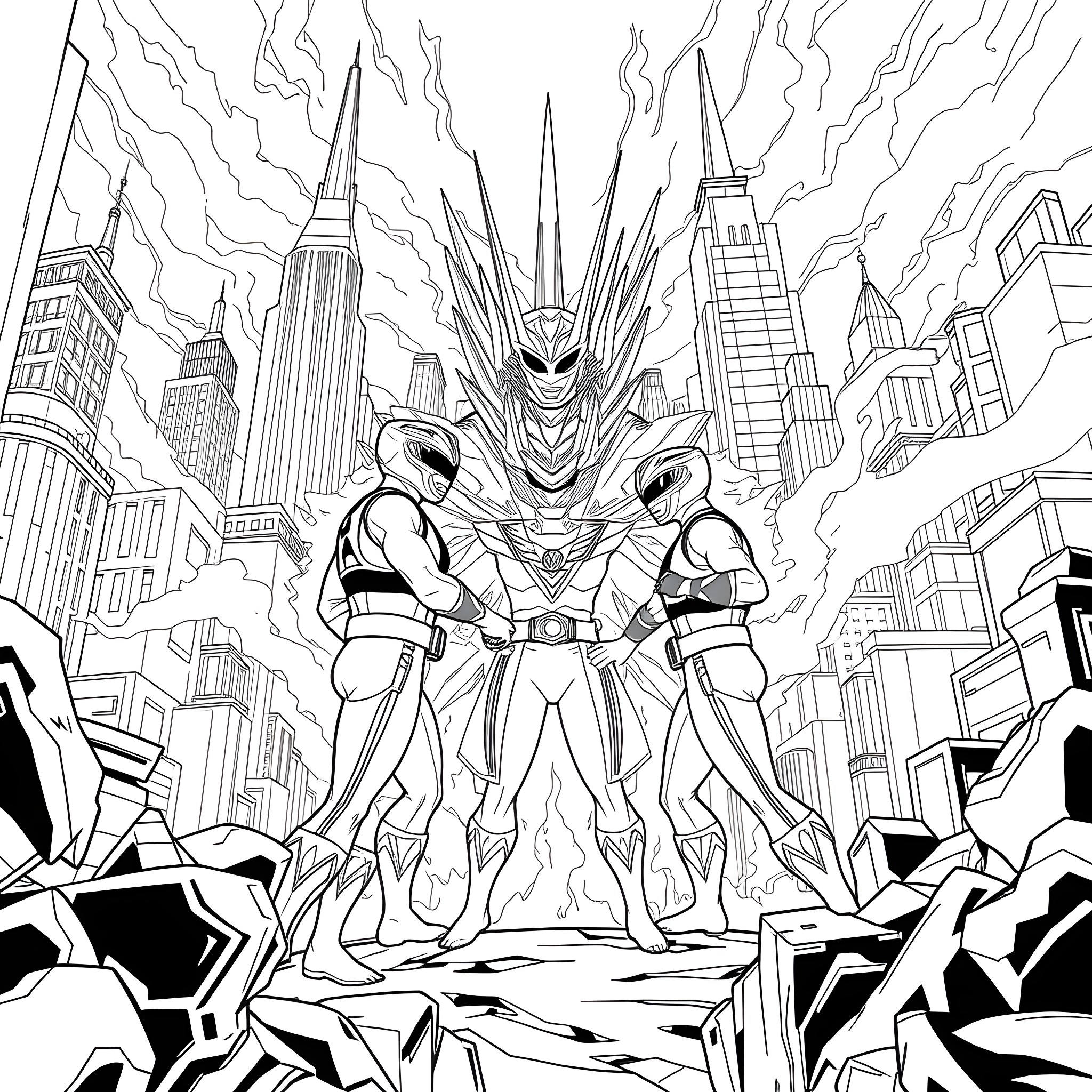 Power Rangers Defending the City from Destruction Coloring Page (free black-and-white line drawing printable PDF for all, from beginners to advanced learners, including children, teens, adults, and seniors)