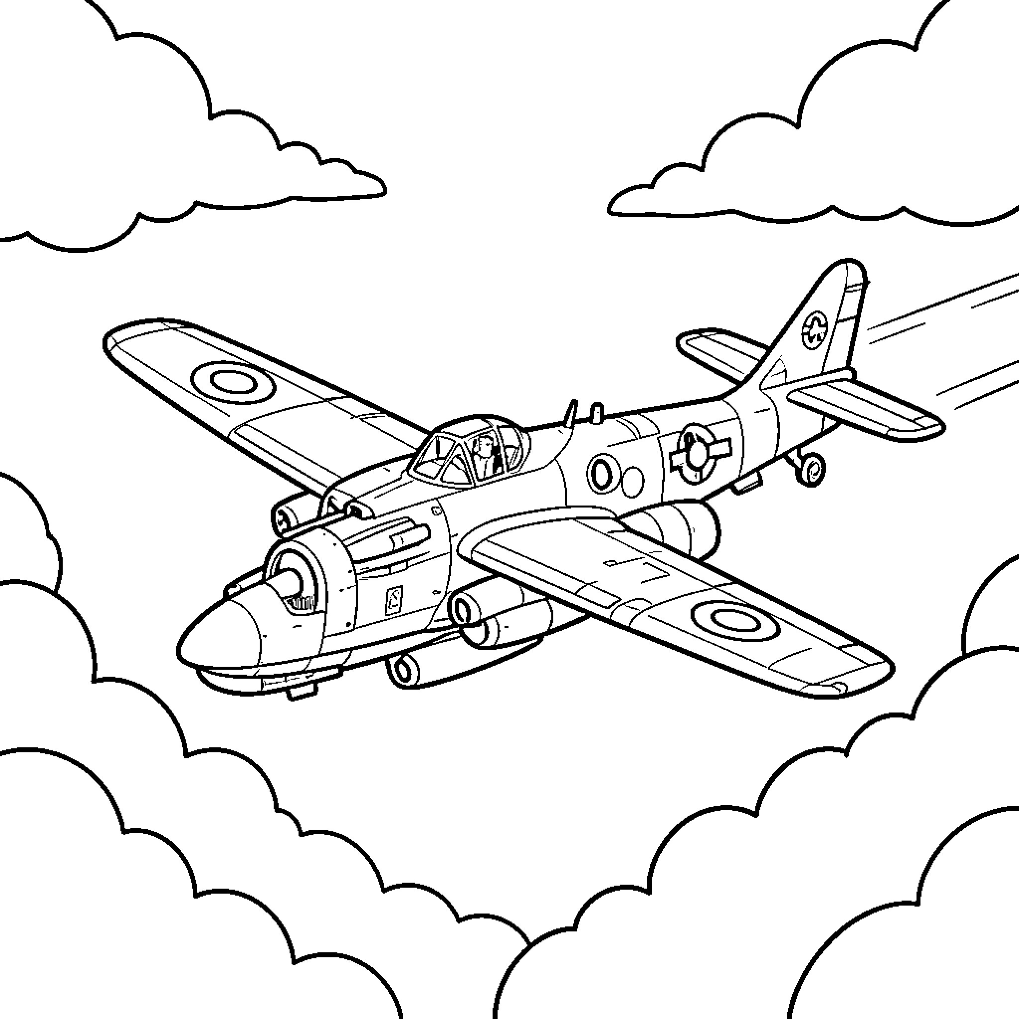 Air Force fighter jet flying through the clouds Coloring Page (free black-and-white line drawing printable PDF for all, from beginners to advanced learners, including children, teens, adults, and seniors)