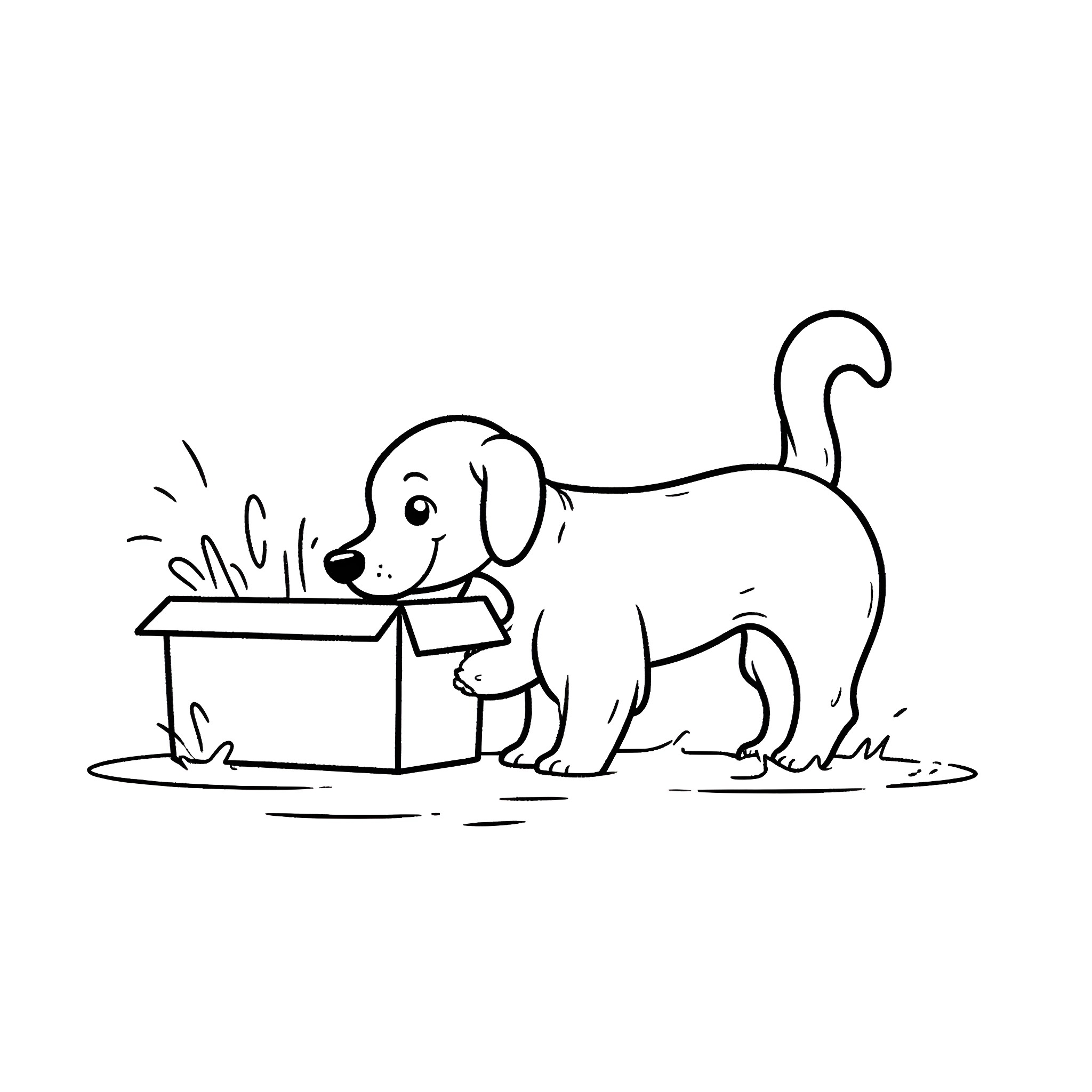 Dog exploring new toys in box Coloring Page (free black-and-white line drawing printable PDF for all, from beginners to advanced learners, including children, teens, adults, and seniors)