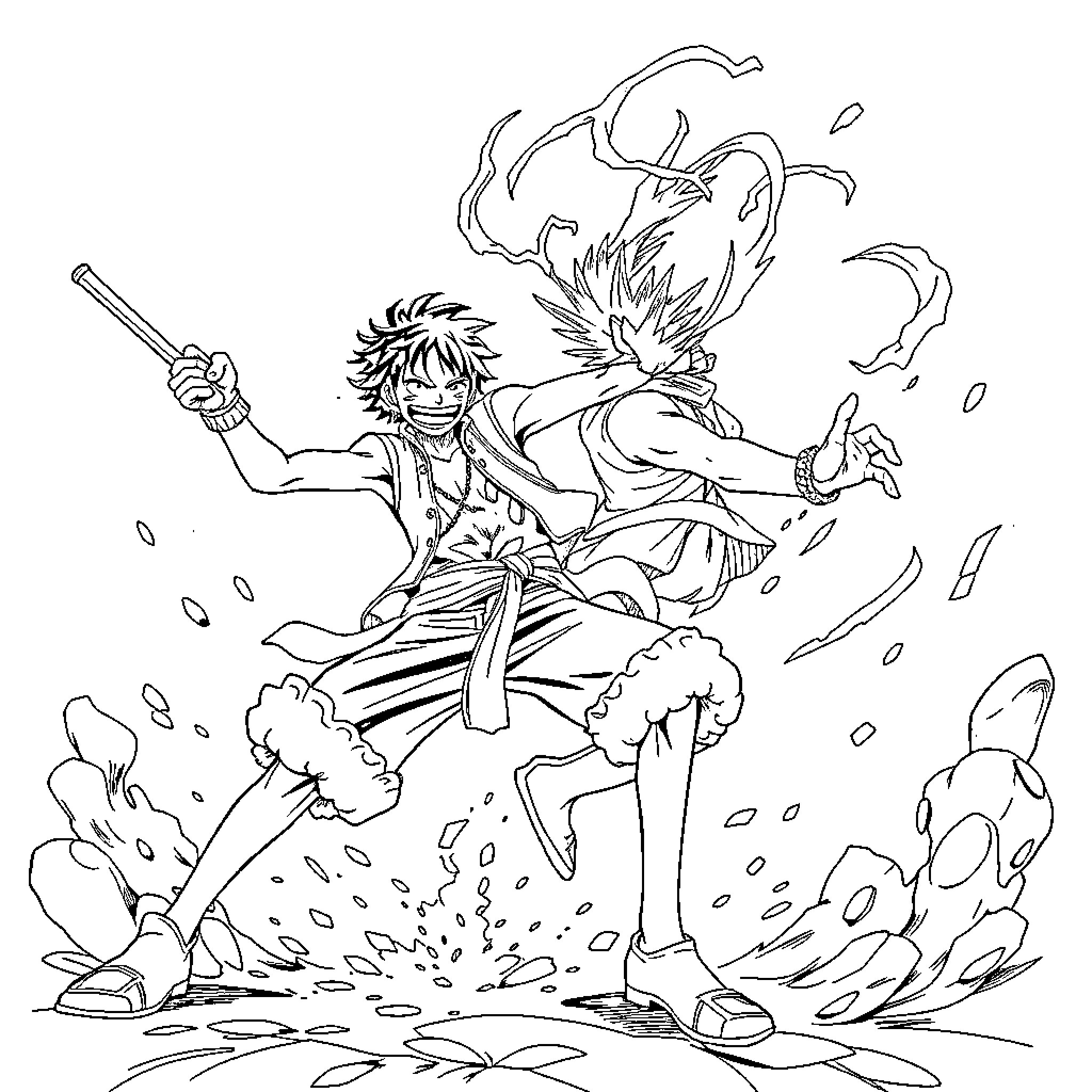 Luffy's Fiery Martial Arts Display Coloring Page (free black-and-white line drawing printable PDF for all, from beginners to advanced learners, including children, teens, adults, and seniors)