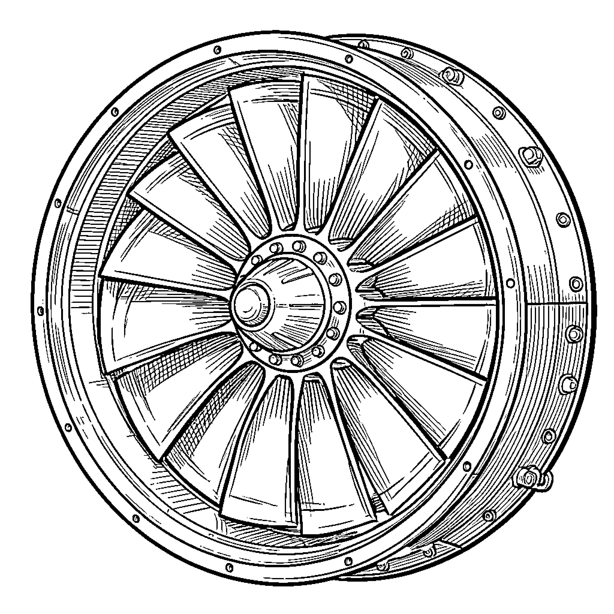 Jet Engine Detailed Engineering Drawing Coloring Page (free black-and-white line drawing printable PDF for all, from beginners to advanced learners, including children, teens, adults, and seniors)