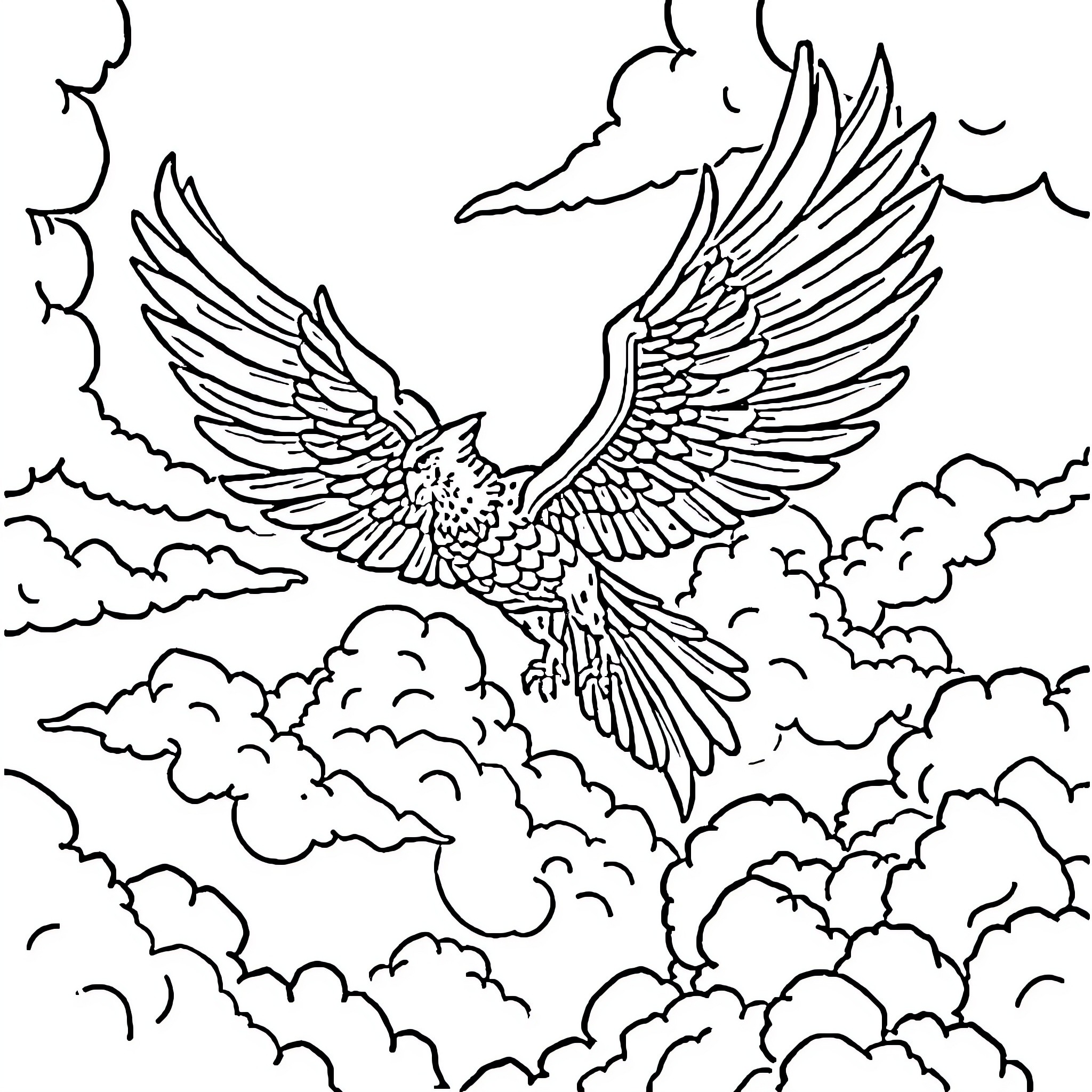 Garuda soaring through the cloudy skies Coloring Page (free black-and-white line drawing printable PDF for all, from beginners to advanced learners, including children, teens, adults, and seniors)