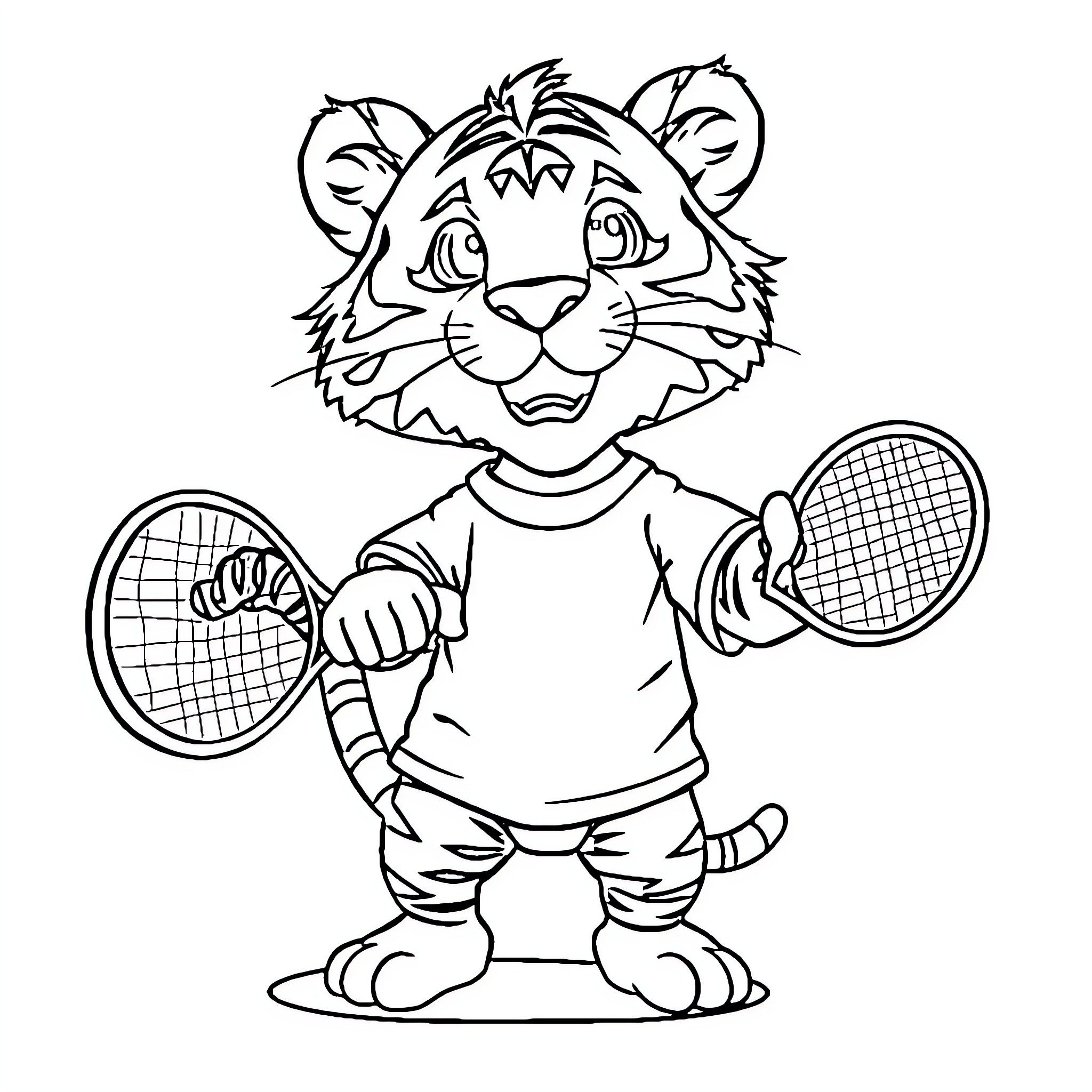 Tiger playing tennis with rackets Coloring Page (free black-and-white line drawing printable PDF for all, from beginners to advanced learners, including children, teens, adults, and seniors)