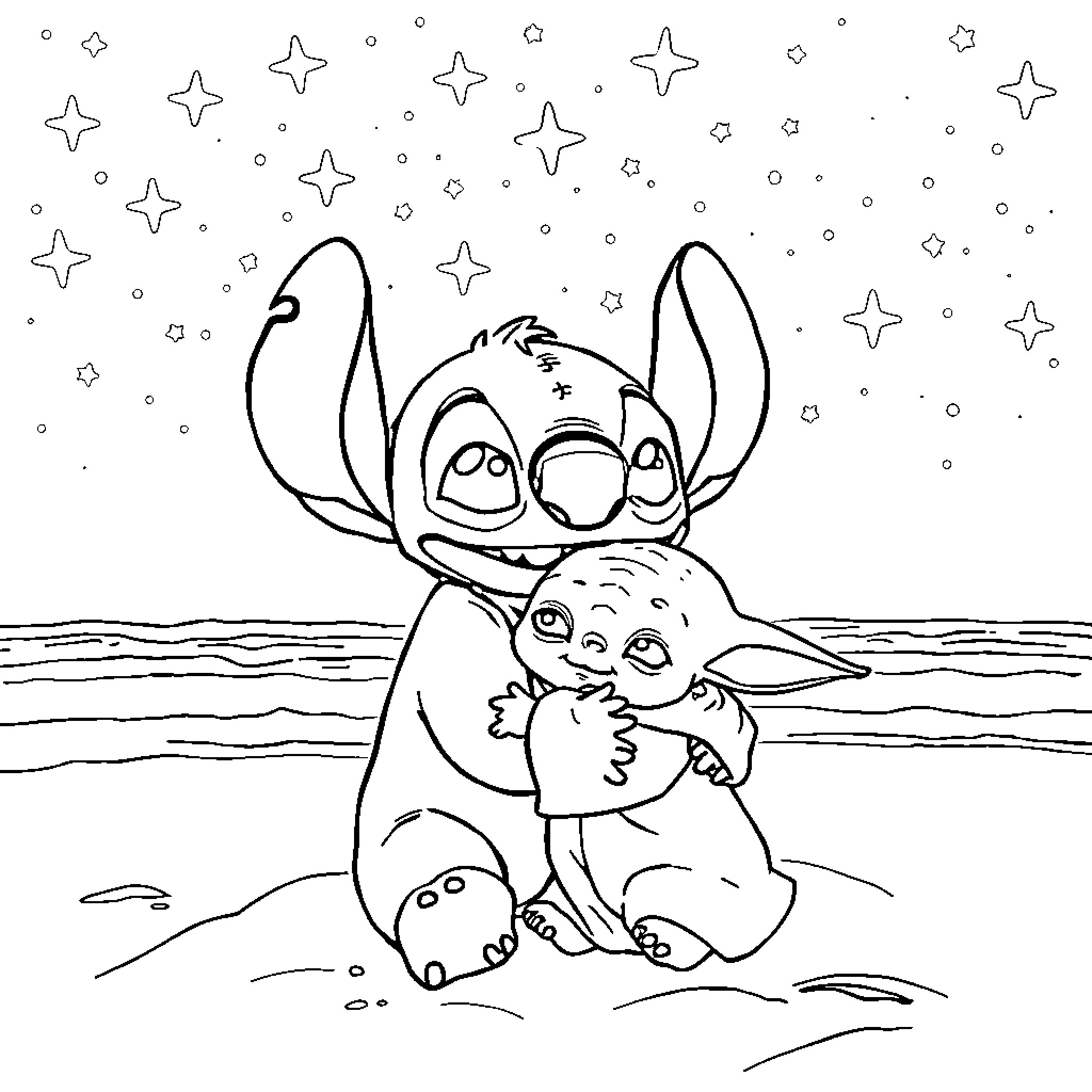 Stitch and Baby Yoda under the starry night Coloring Page (free black-and-white line drawing printable PDF for all, from beginners to advanced learners, including children, teens, adults, and seniors)