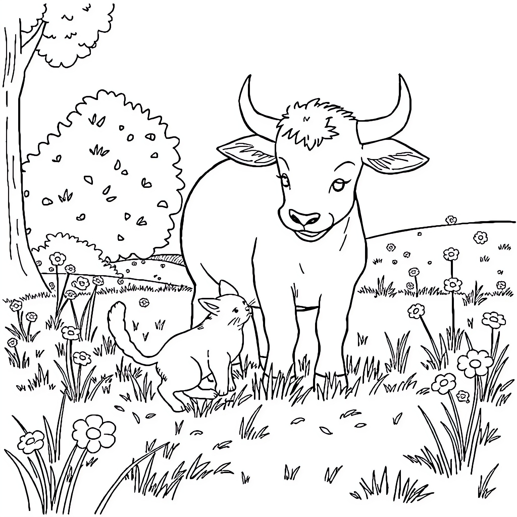 Cow grazing peacefully in a flowery meadow Coloring Page (free black-and-white line drawing printable PDF for all, from beginners to advanced learners, including children, teens, adults, and seniors)