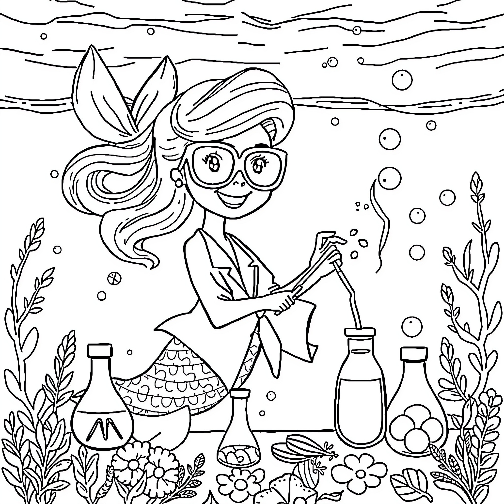 Mermaid exploring the underwater garden Coloring Page (free black-and-white line drawing printable PDF for all, from beginners to advanced learners, including children, teens, adults, and seniors)