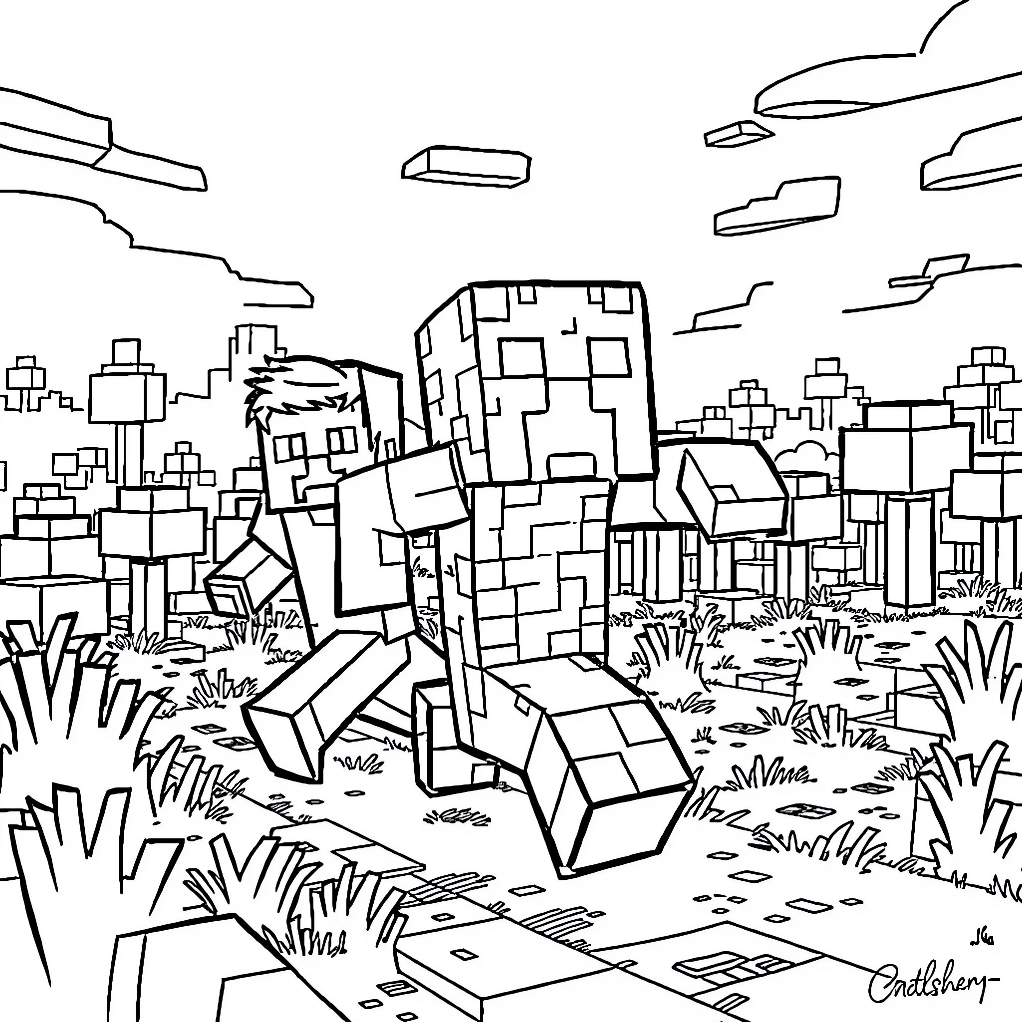 Creeper Infiltrating Blocky Minecraft Landscape Coloring Page (free black-and-white line drawing printable PDF for all, from beginners to advanced learners, including children, teens, adults, and seniors)