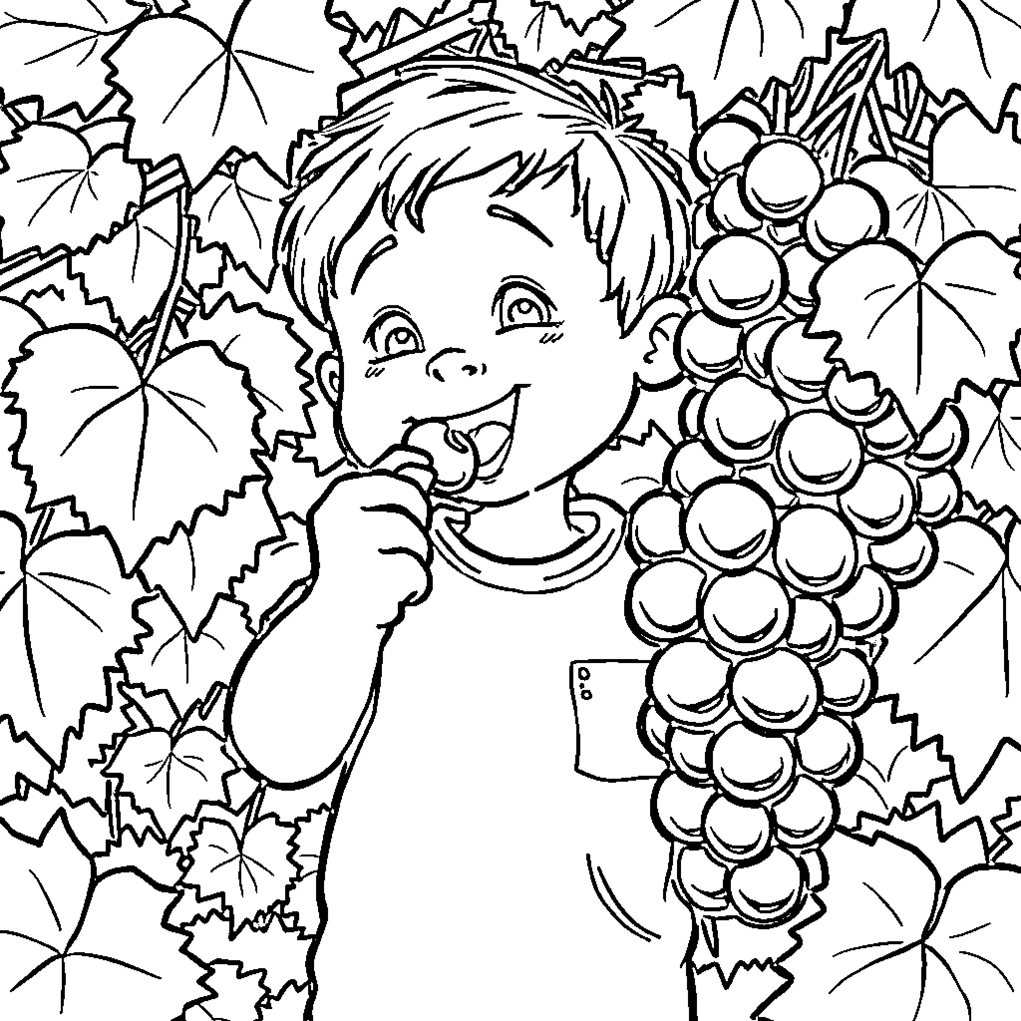 Kid enjoying grape harvest with leaves and vines Coloring Page (free black-and-white line drawing printable PDF for all, from beginners to advanced learners, including children, teens, adults, and seniors)