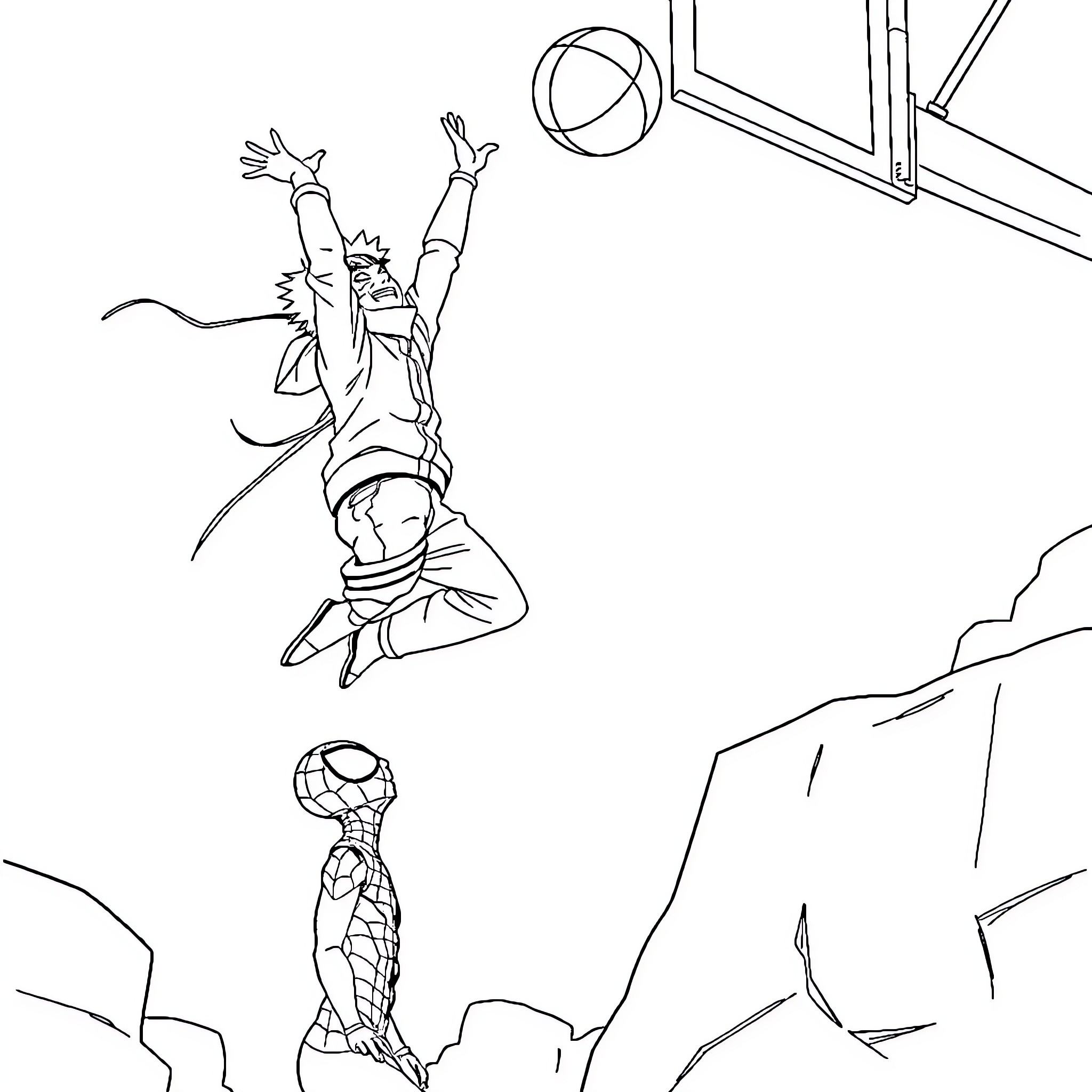 Naruto characters jumping with dynamic poses Coloring Page (free black-and-white line drawing printable PDF for all, from beginners to advanced learners, including children, teens, adults, and seniors)
