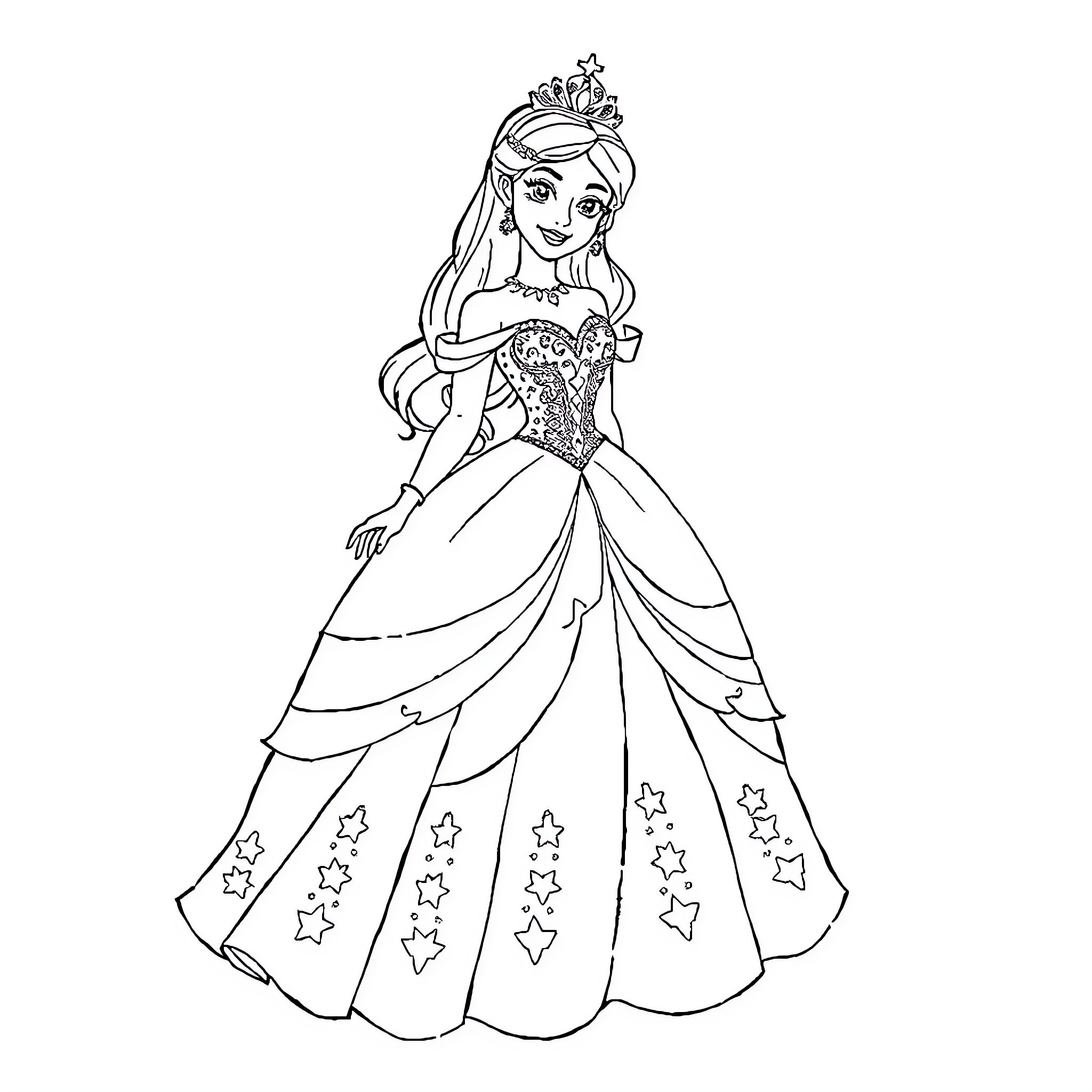 Princess in Elegant Ball Gown Coloring Page (free black-and-white line drawing printable PDF for all, from beginners to advanced learners, including children, teens, adults, and seniors)