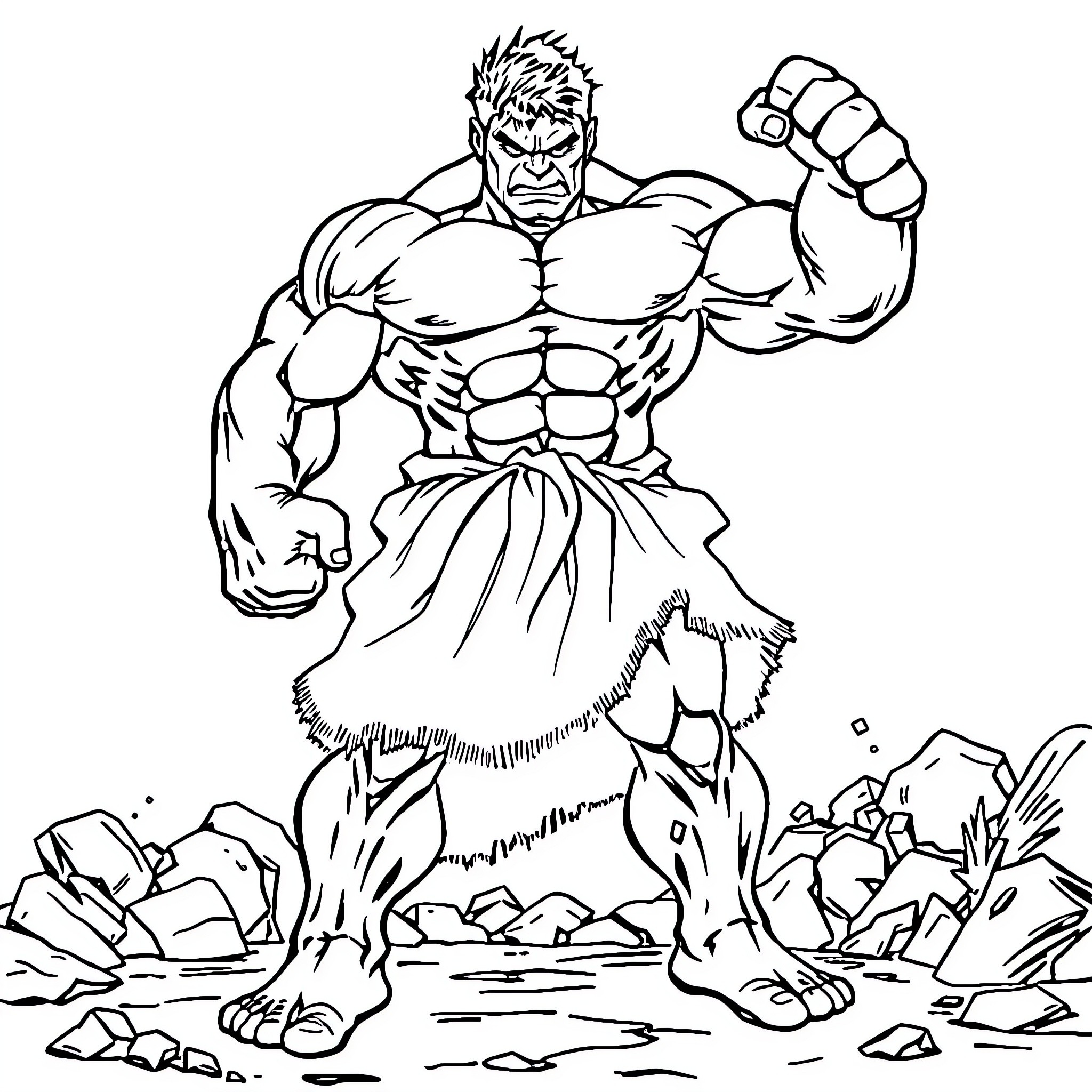 Hulk smashing through rocky terrain with fierce expression Coloring Page (free black-and-white line drawing printable PDF for all, from beginners to advanced learners, including children, teens, adults, and seniors)