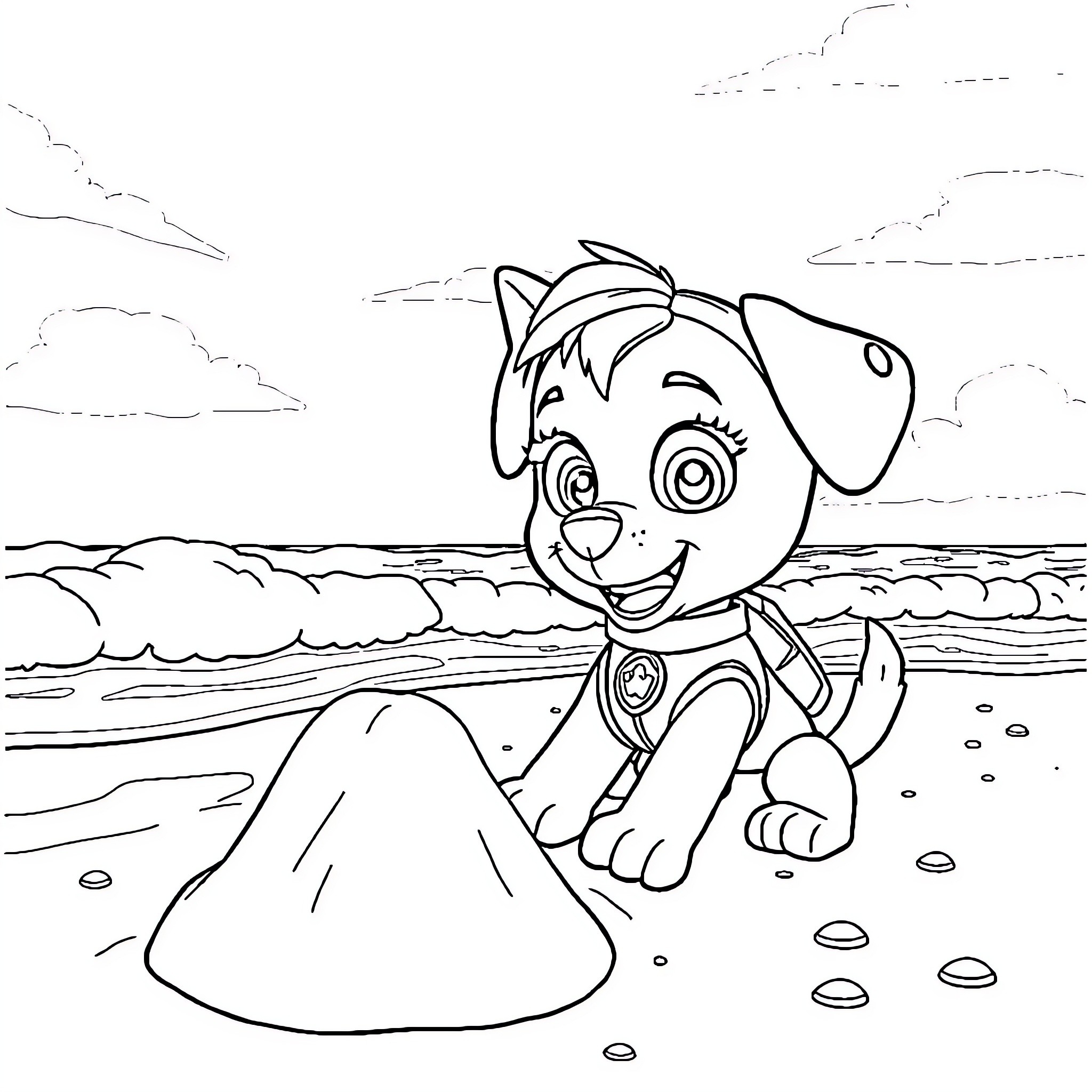 Skye exploring the beach with her pup companions Coloring Page (free black-and-white line drawing printable PDF for all, from beginners to advanced learners, including children, teens, adults, and seniors)