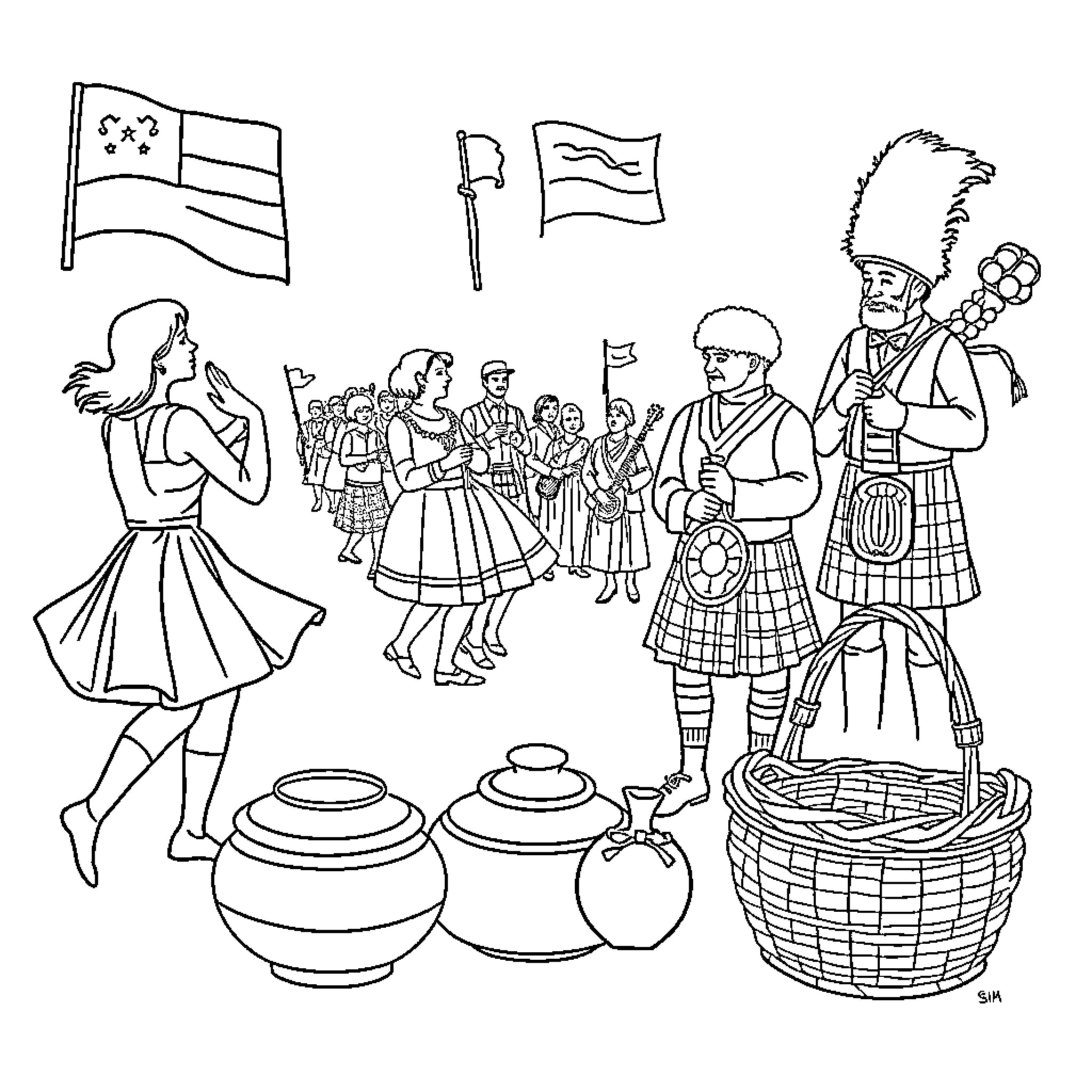 North Carolina Celebrations with Traditions and Costumes Coloring Page (free black-and-white line drawing printable PDF for all, from beginners to advanced learners, including children, teens, adults, and seniors)