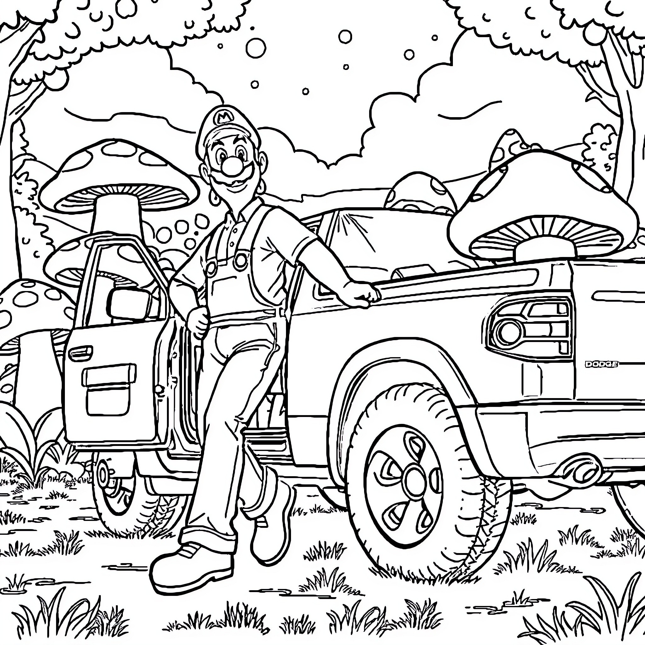 Mario's Mushroom Adventure in the Forest Coloring Page (free black-and-white line drawing printable PDF for all, from beginners to advanced learners, including children, teens, adults, and seniors)